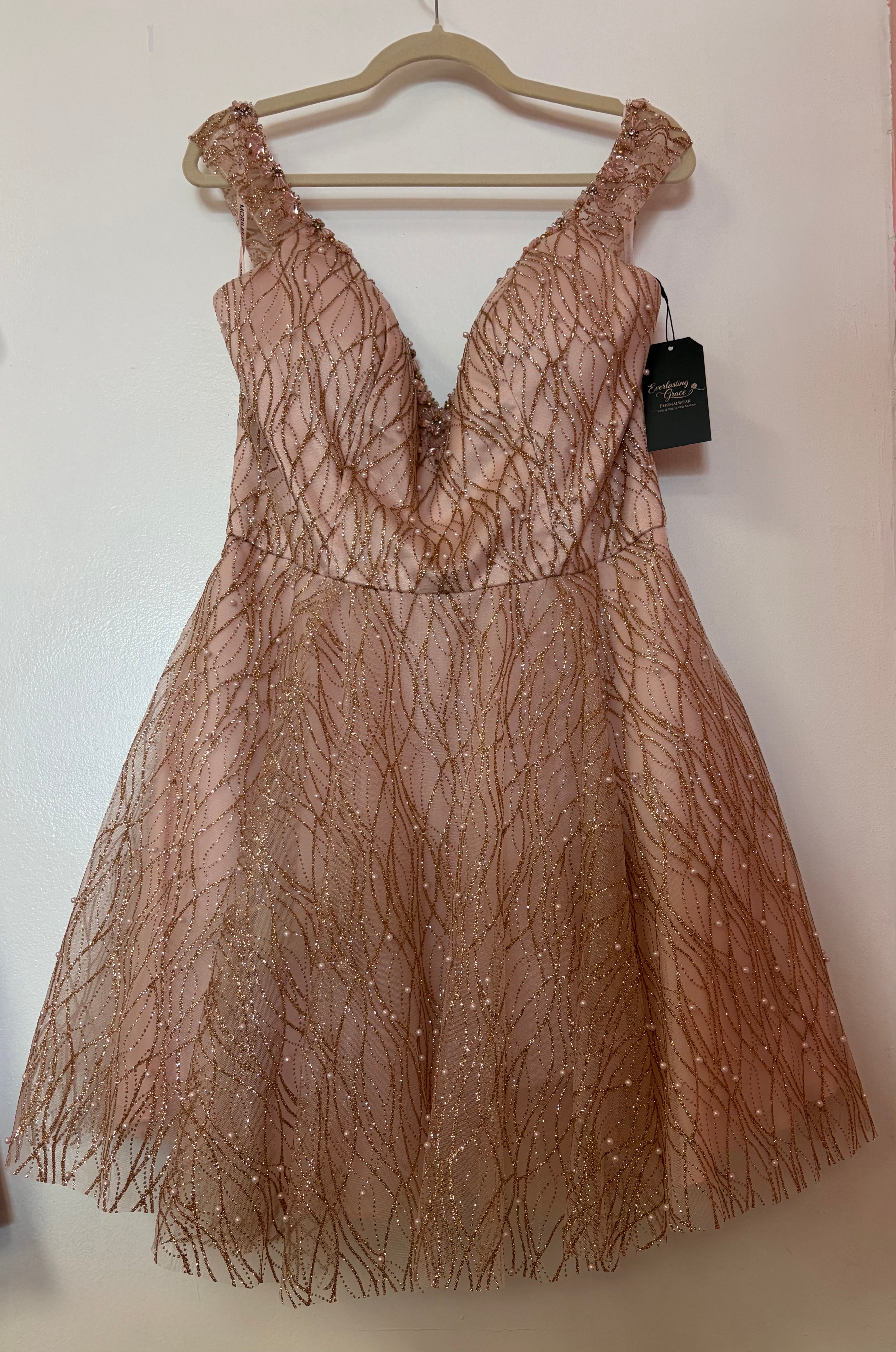 Morilee by Madeline Gardner 9510 Blush Gold Glitter A-Line Homecoming Dress with Pearl Beading