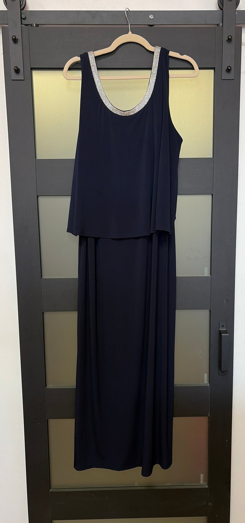 Navy gown with silver beaded neckline