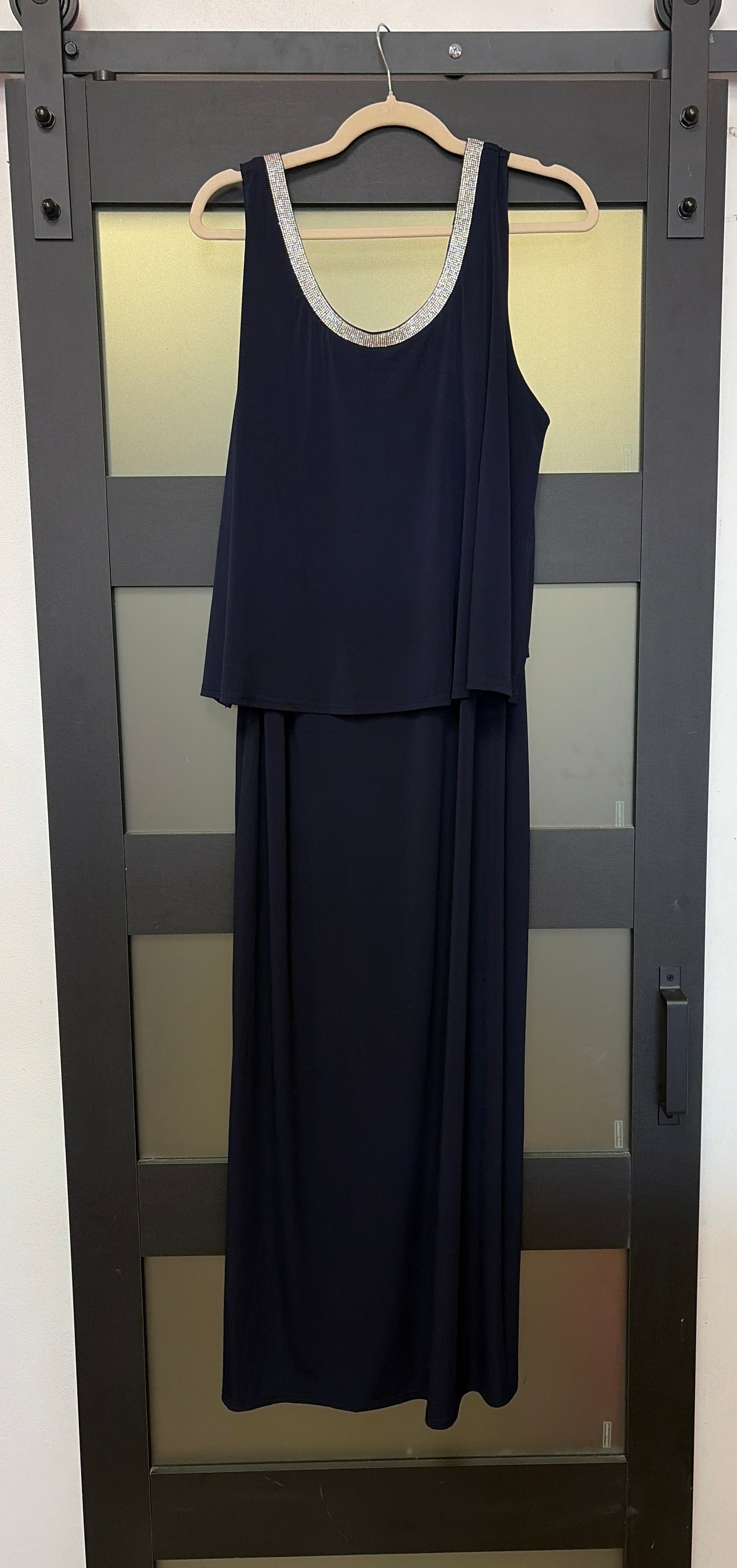 Navy gown with silver beaded neckline