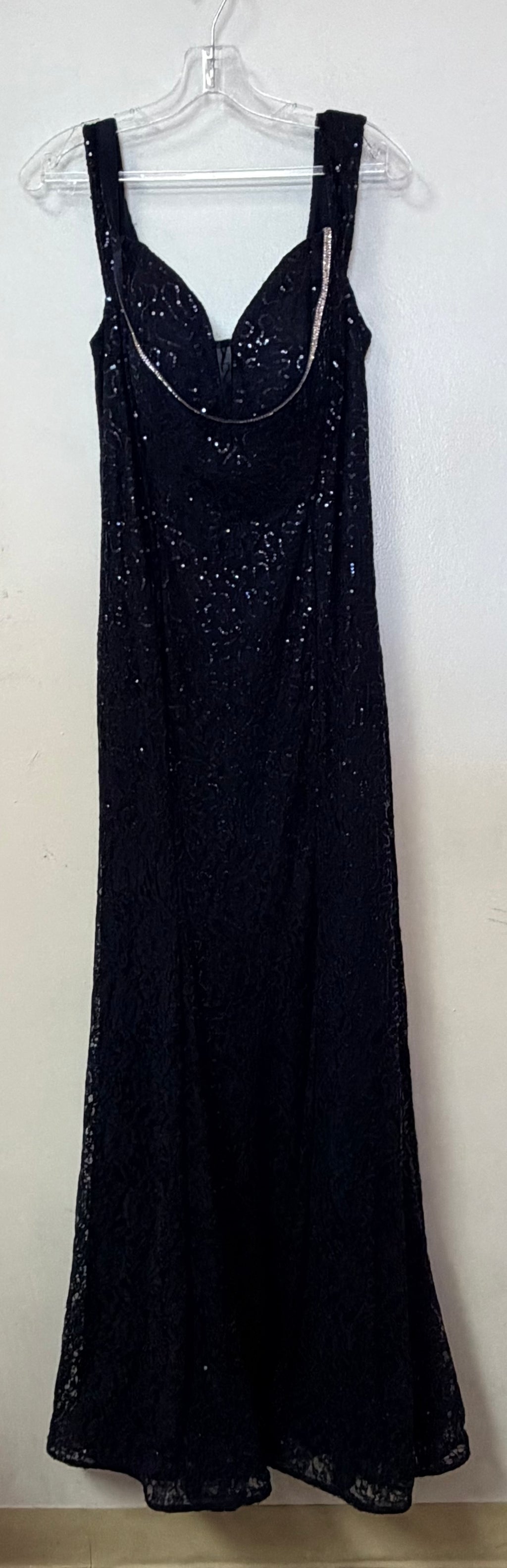 Cindy USA Navy Sequin Lace Formal Gown with Crystal Trimmed Sweetheart Neckline