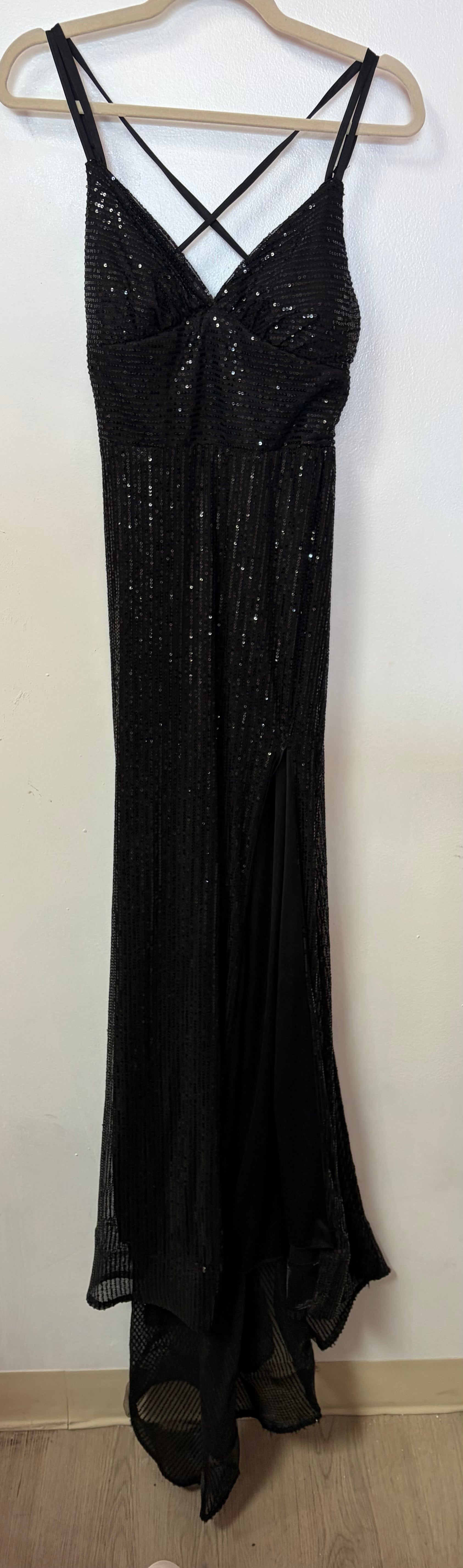 Black Sequin Lace-Up Back Evening Gown with High Slit and Sheer Overlay