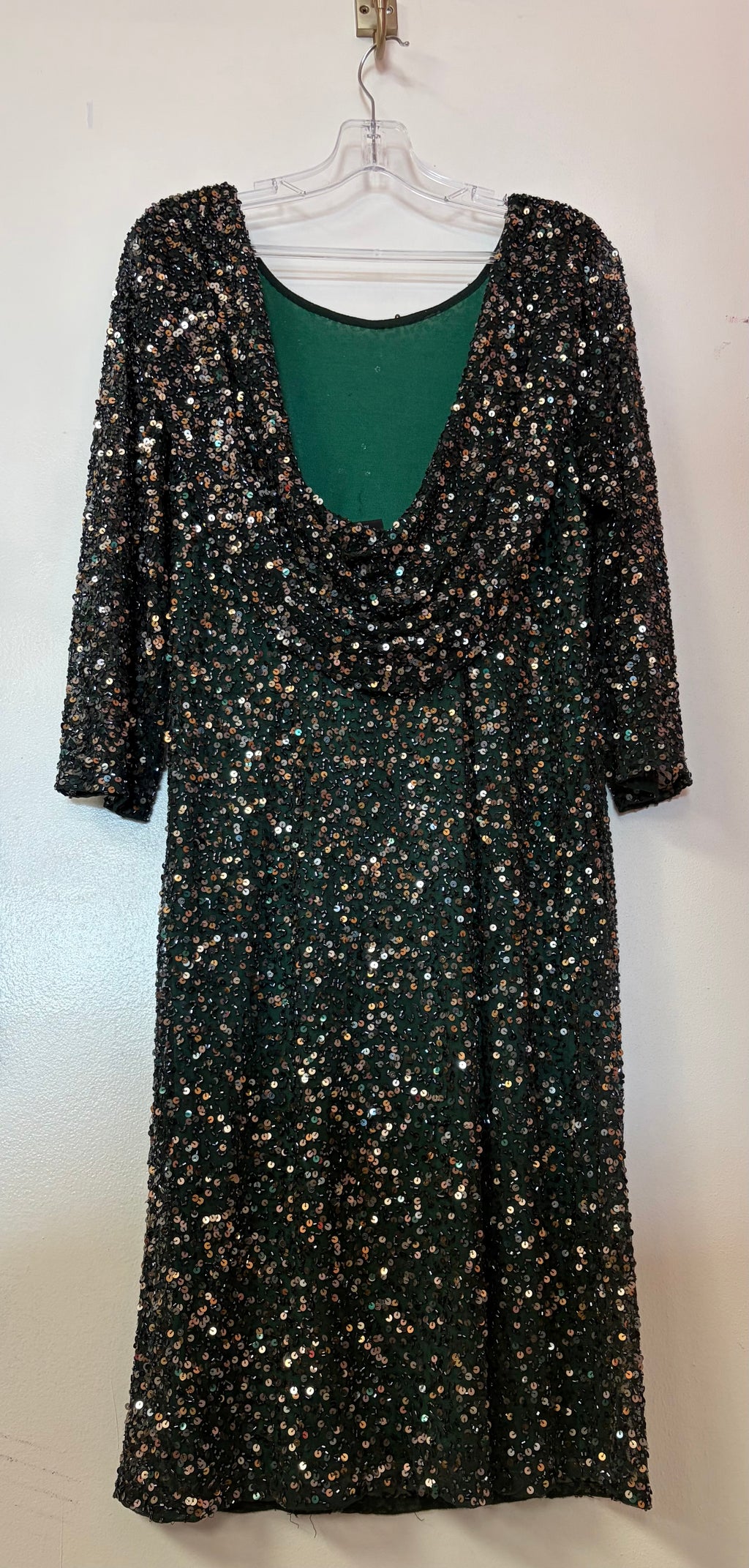Emerald Green Sequin Cocktail Dress with Long Sleeves and Dramatic Cowl Back