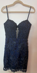 Furrla Navy Blue Beaded Floral Lace Homecoming Dress with Illusion Corset Bodice