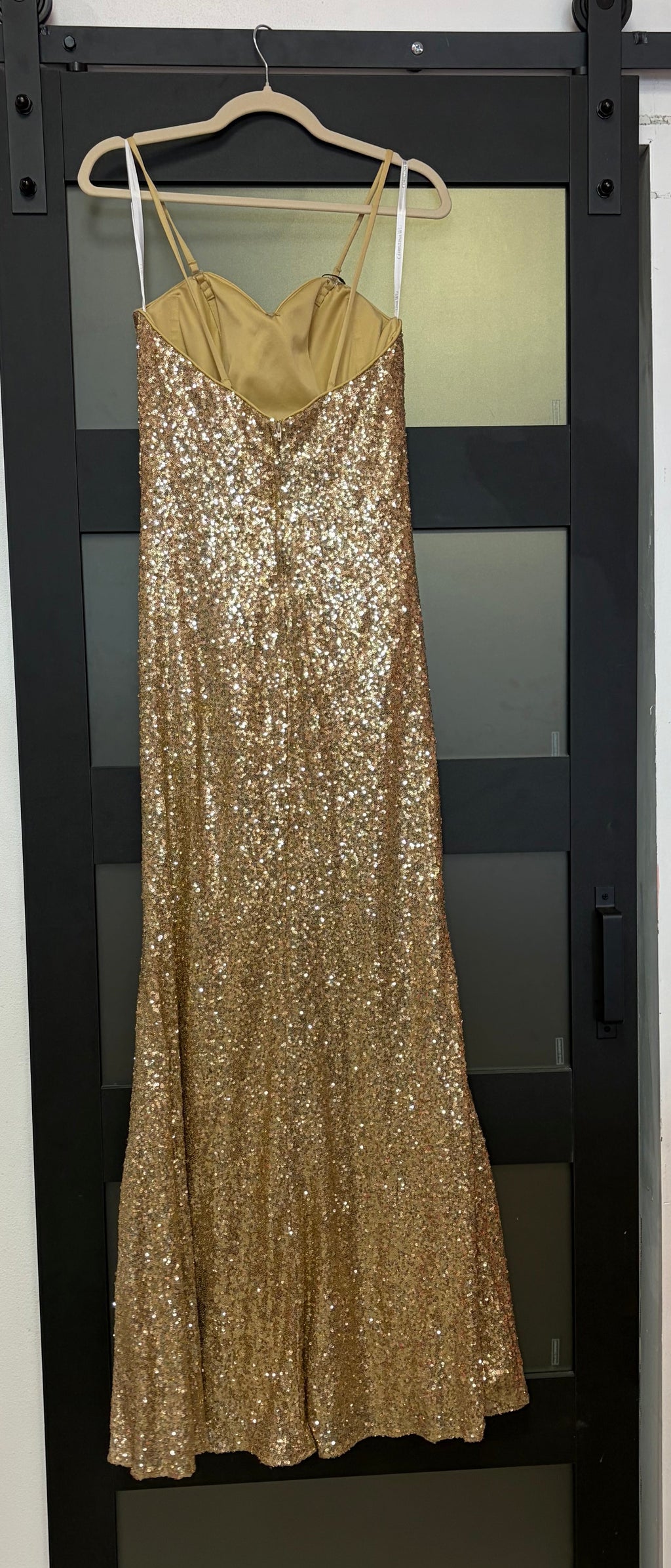 Christina Wu Gold Sequin Ruched Mermaid Prom Gown