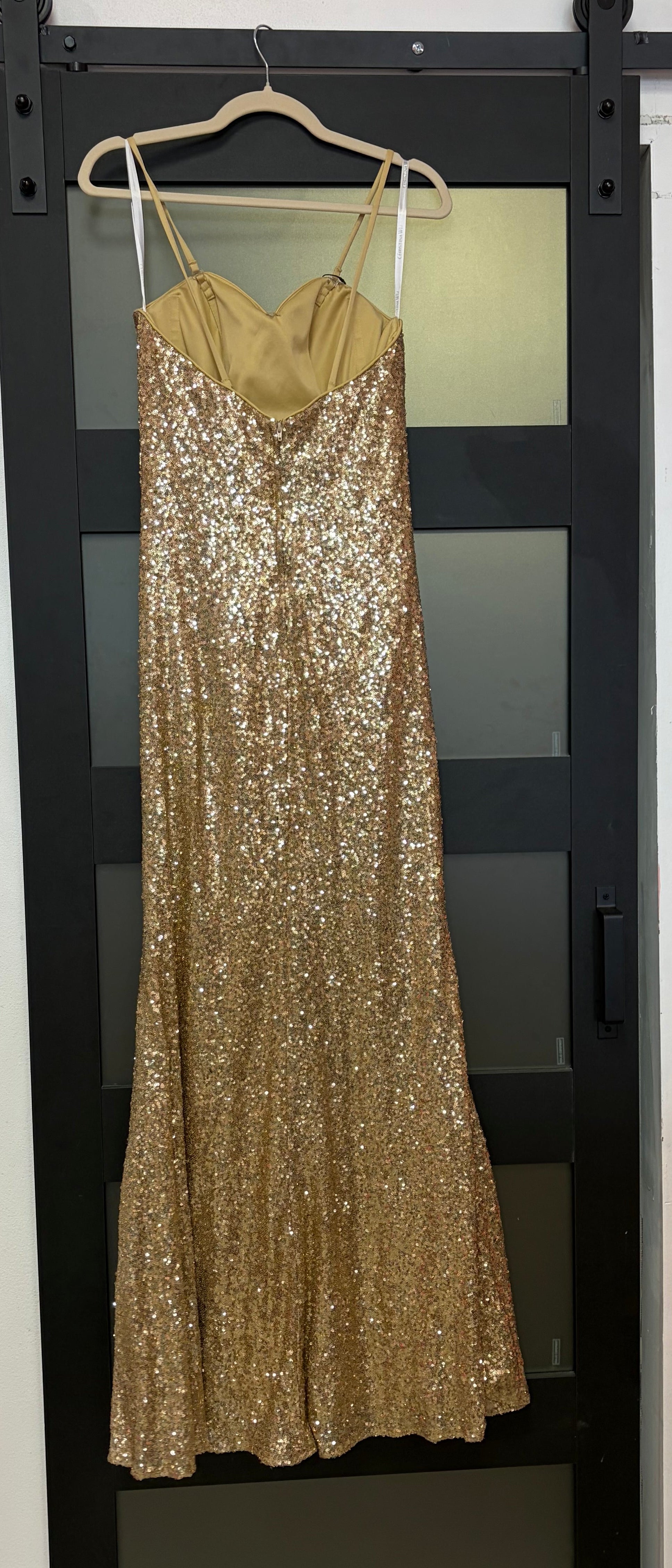 Christina Wu Gold Sequin Ruched Mermaid Prom Gown