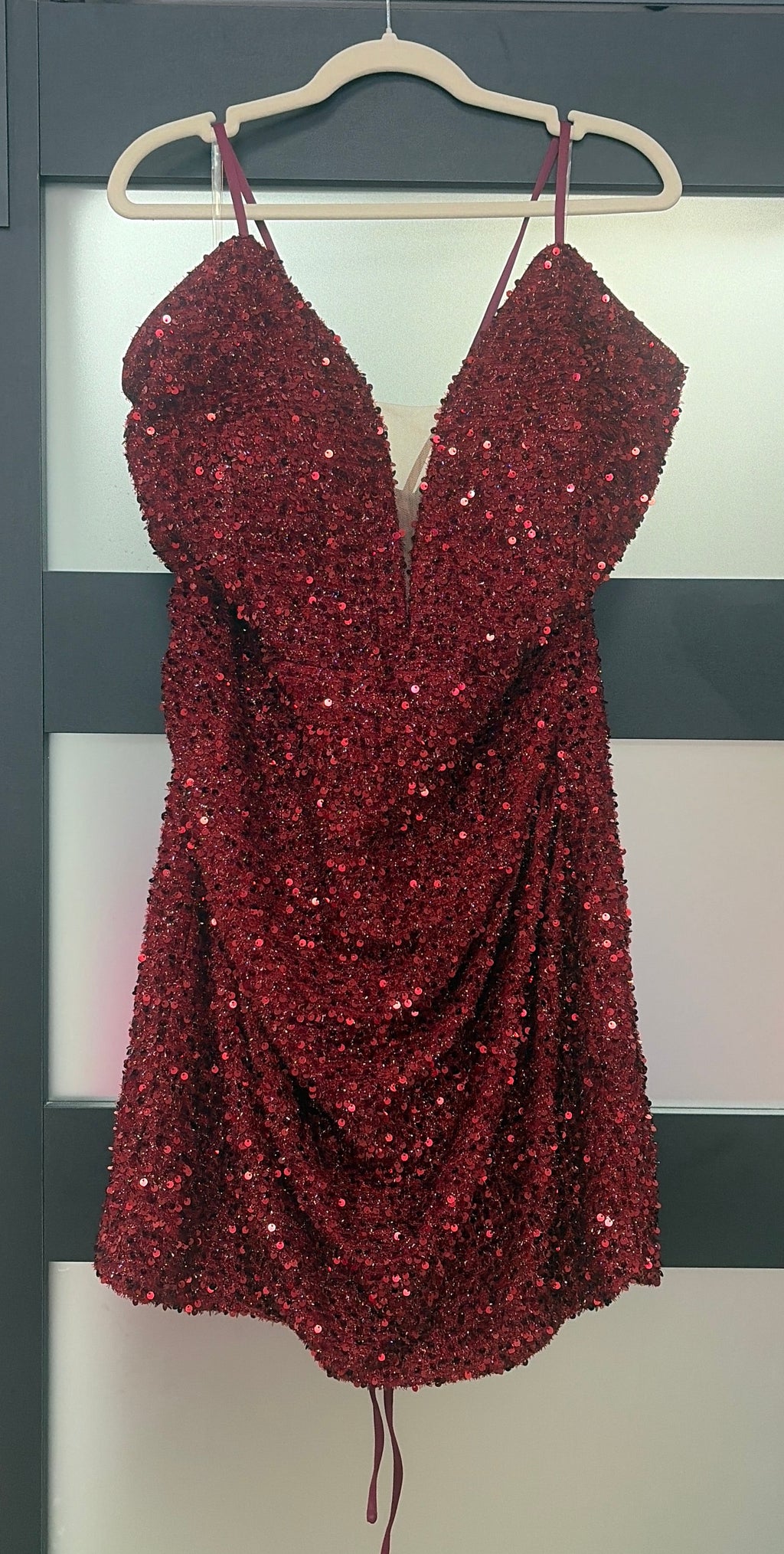 Missord Burgundy Sequin Plunge Neck Homecoming Dress with Draped Front Detail