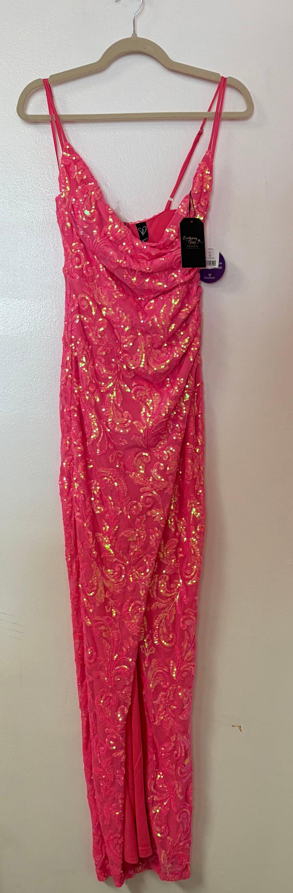 Windsor Hot Pink Iridescent Sequin Lace Evening Gown with Cowl Neck and High Slit
