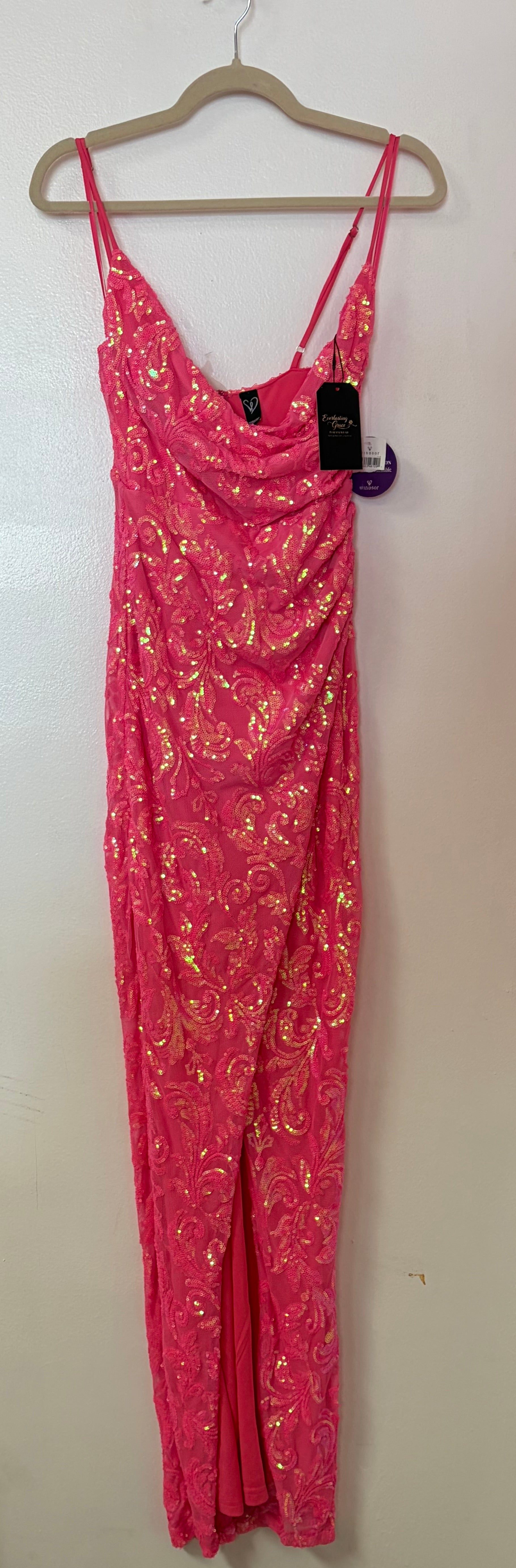 Windsor Hot Pink Iridescent Sequin Lace Evening Gown with Cowl Neck and High Slit
