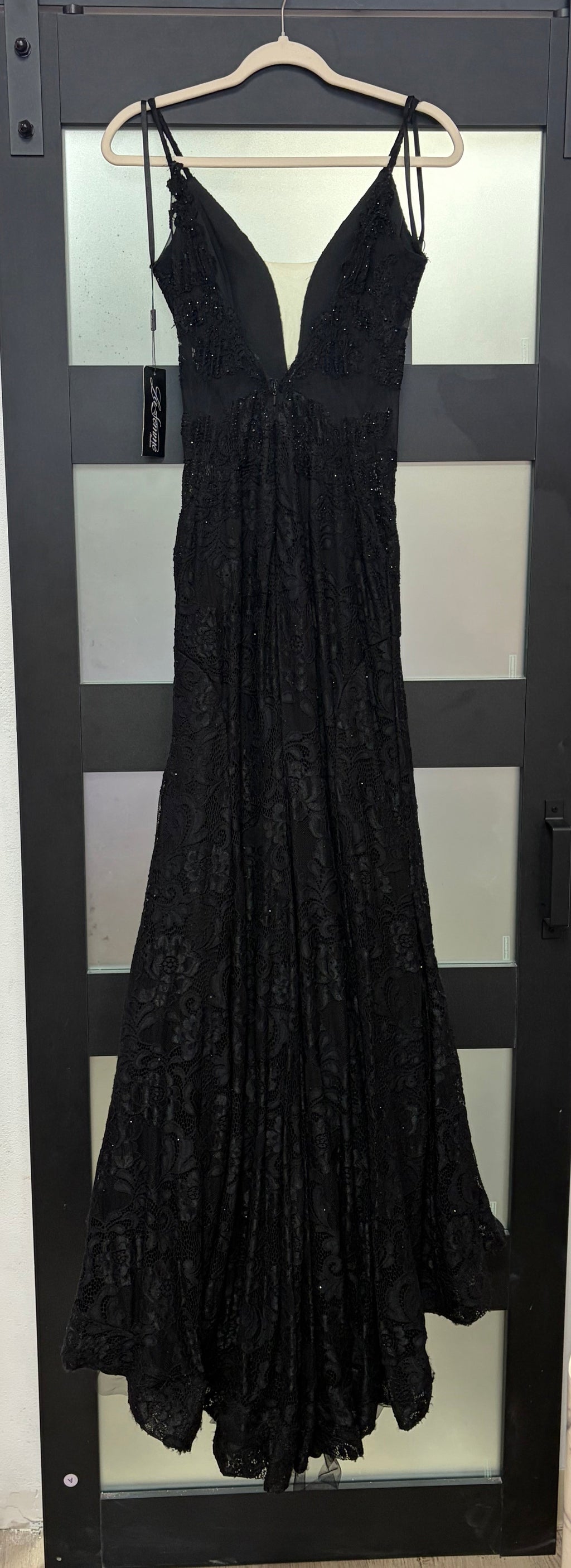 La Femme 28355 Black Embroidered Mermaid Gown with Deep V Neckline