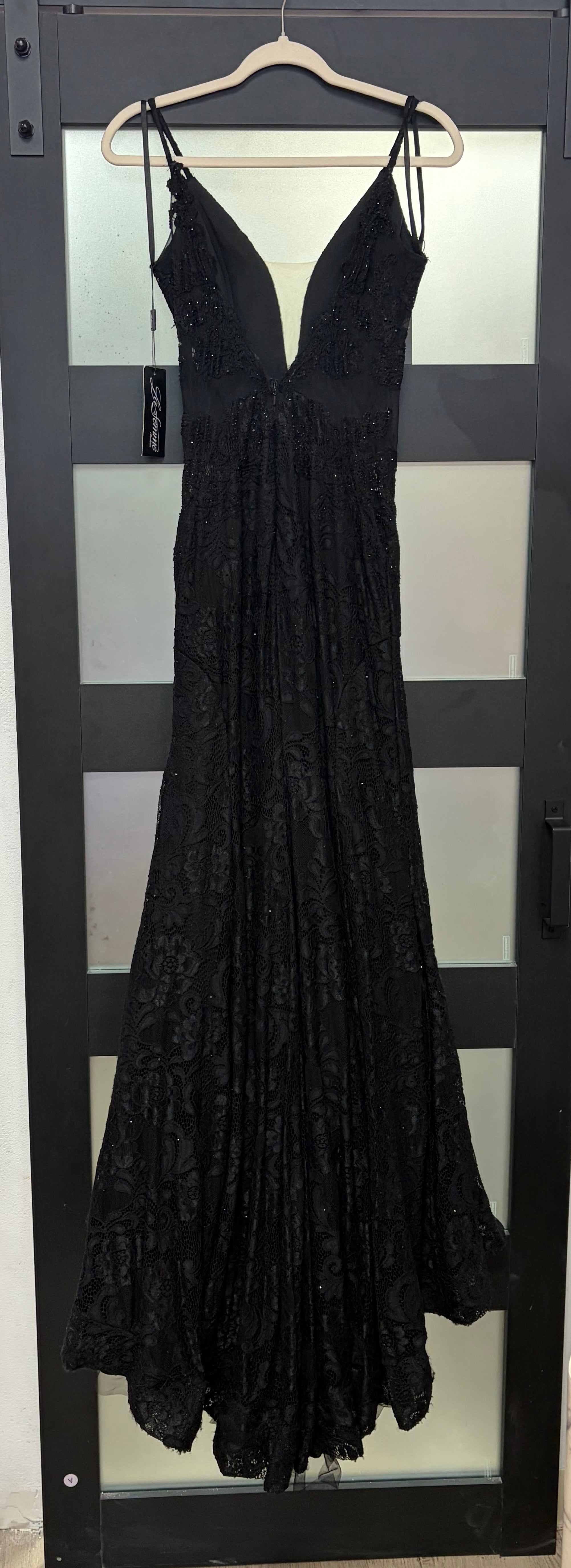 La Femme 28355 Black Embroidered Mermaid Gown with Deep V Neckline