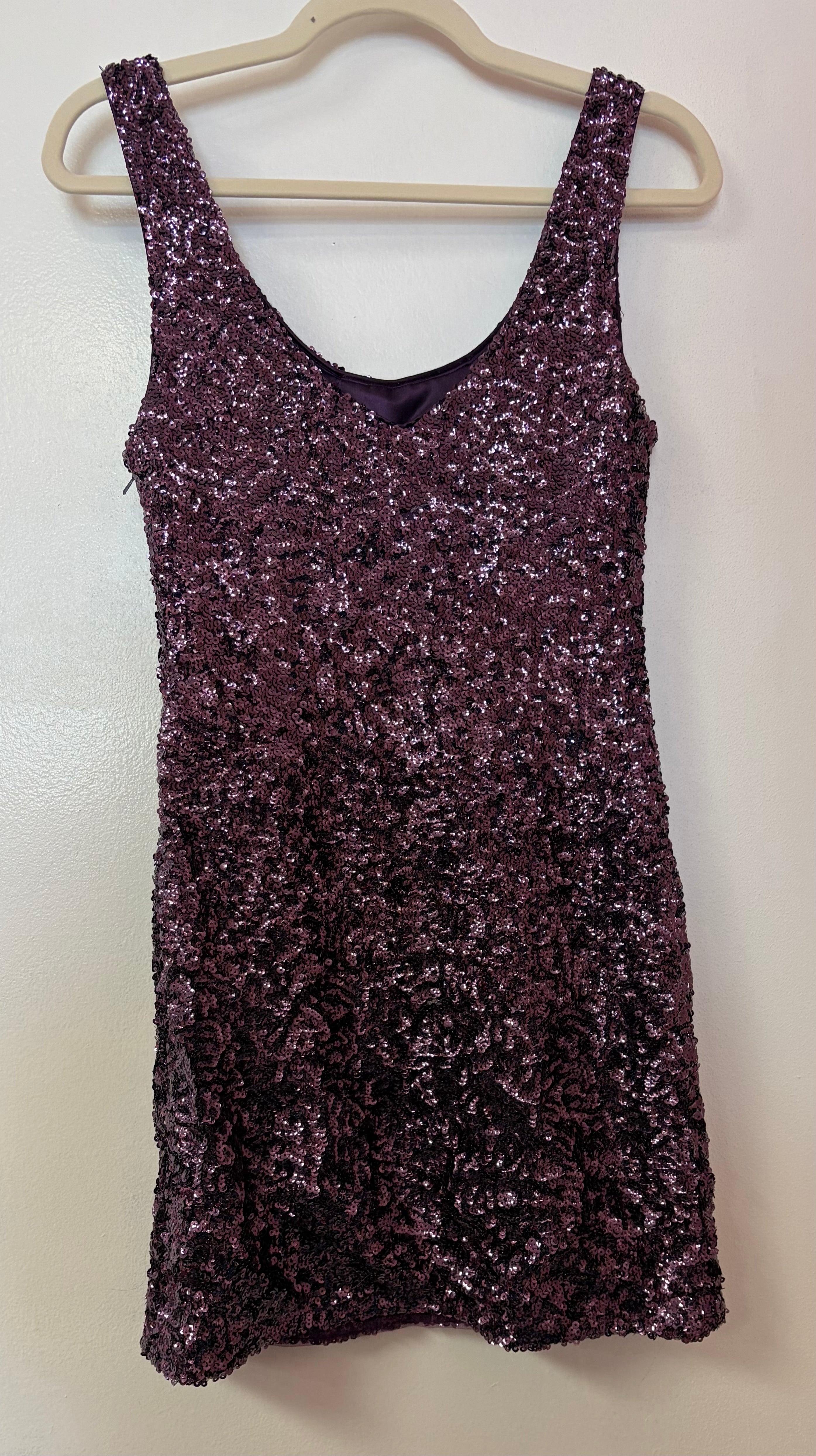La Femme Plum Sequin Cocktail Dress with Scoop Neckline and Allover Embellishment