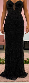 Ladivine Black Beaded Illusion Corset Evening Gown with Crystal Drape Detail
