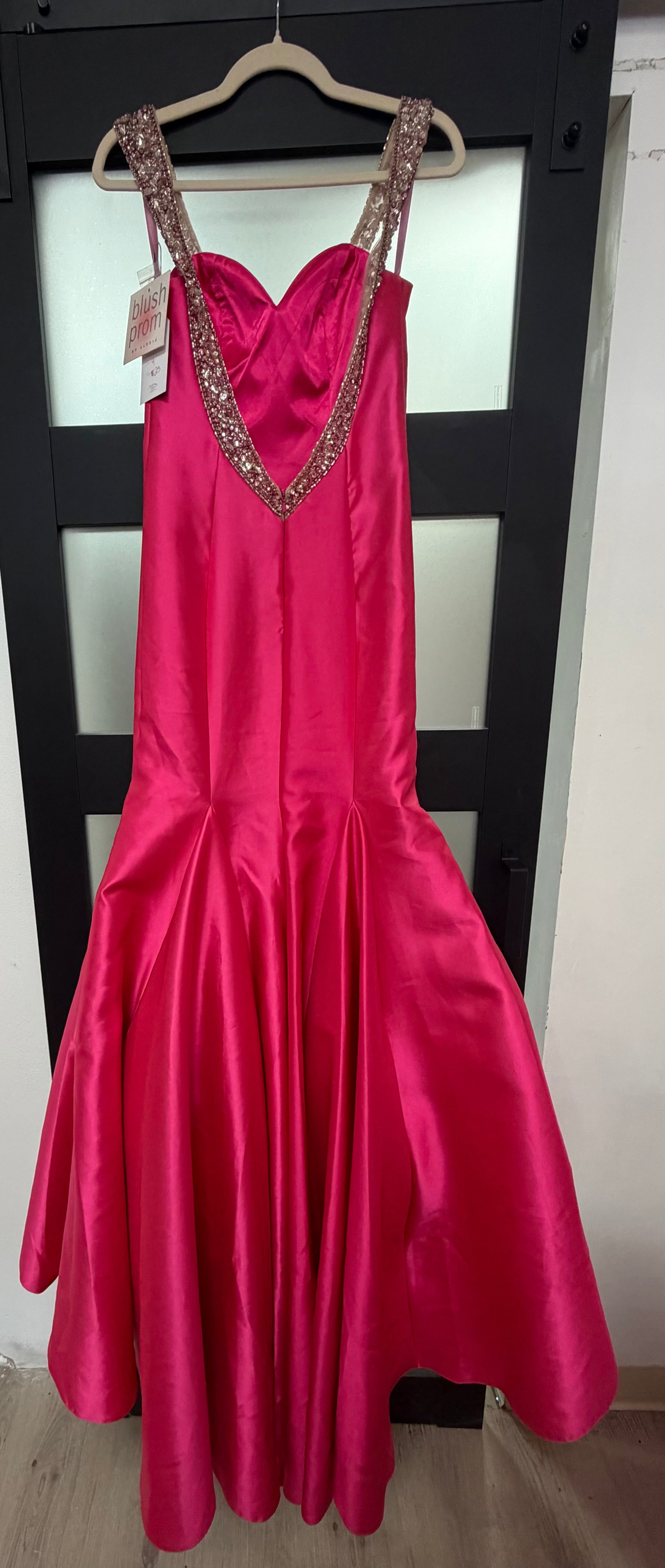Blush Prom Hot Pink Satin Mermaid Gown with Beaded Straps