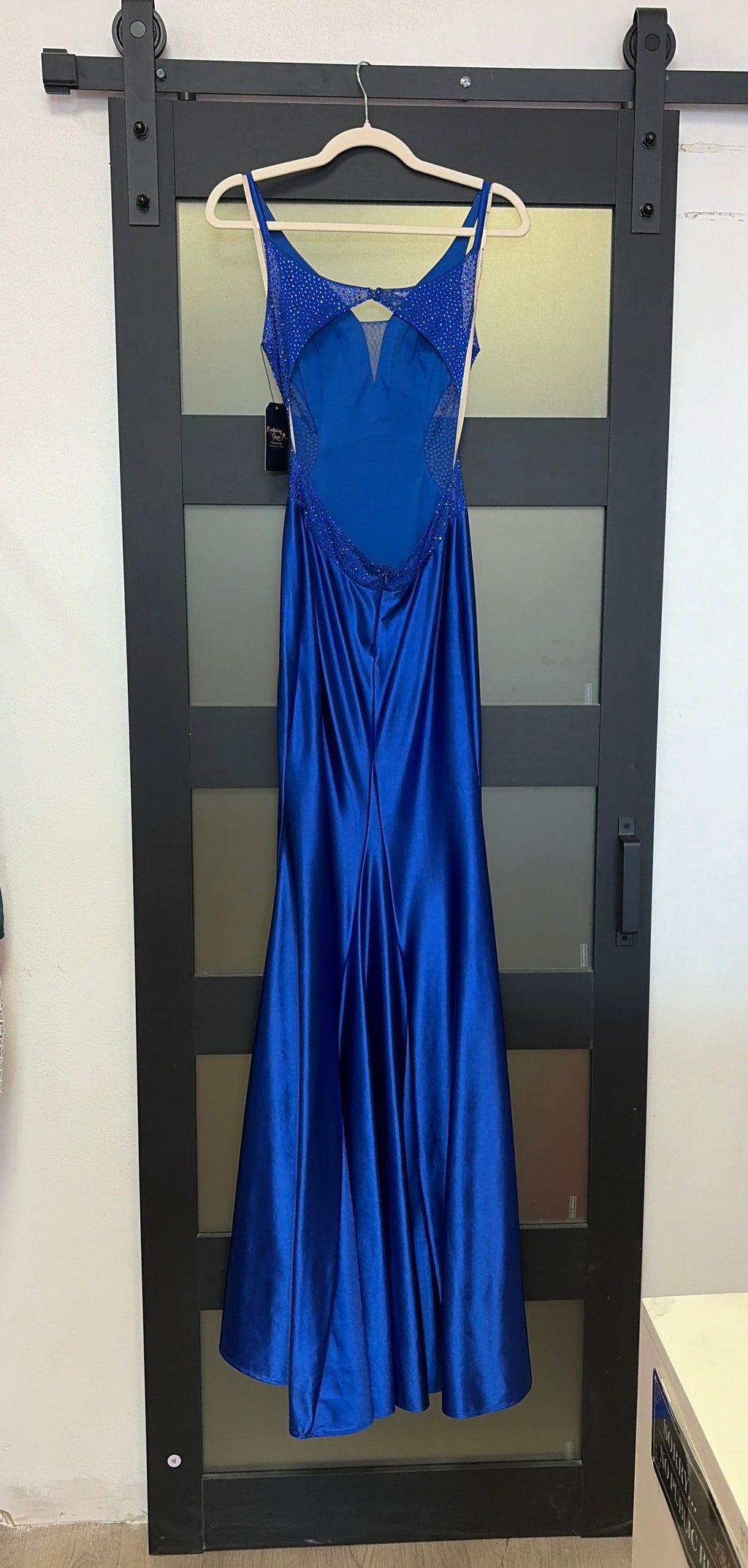 Faviana royal blue gown with sequins on sides, open back