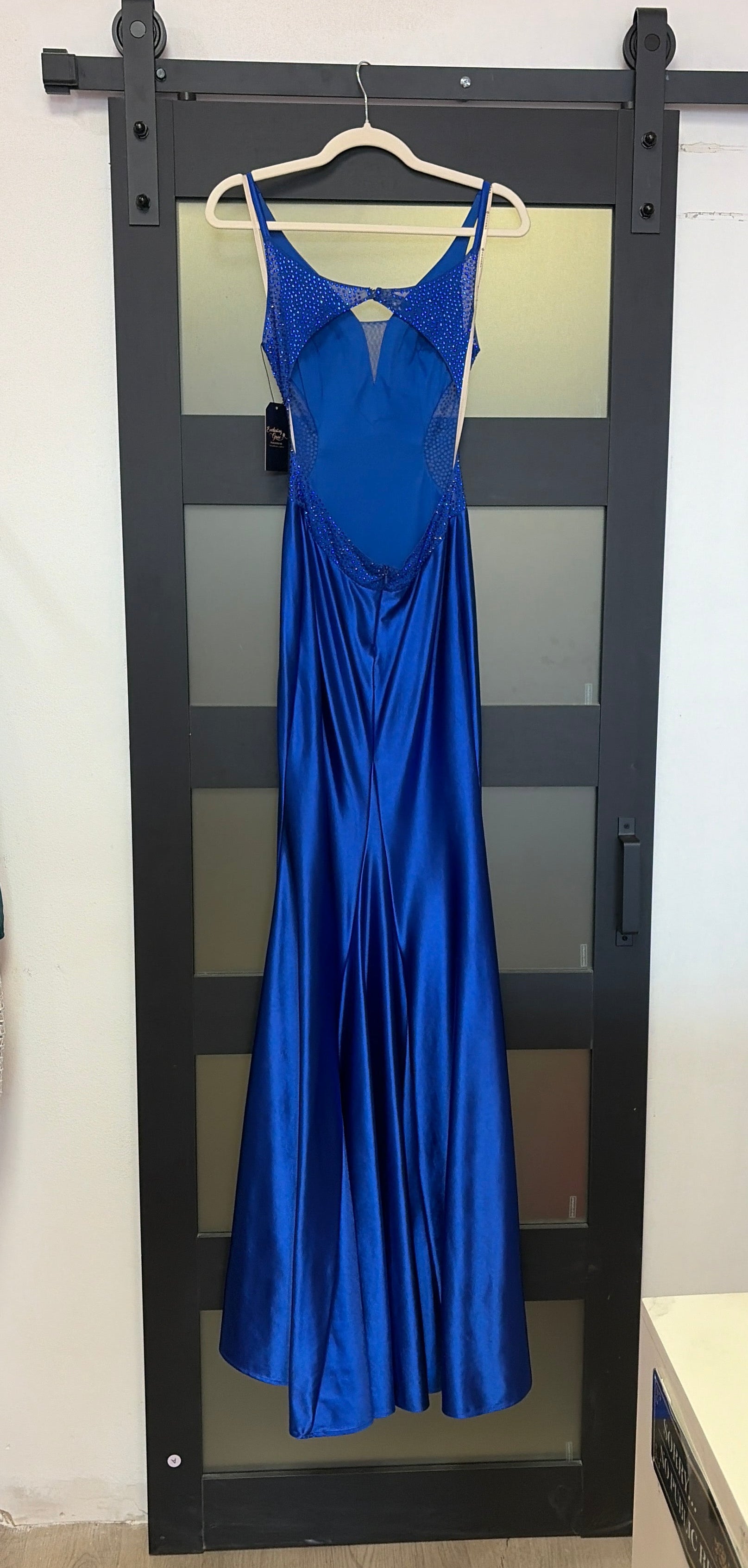 Faviana royal blue gown with sequins on sides, open back