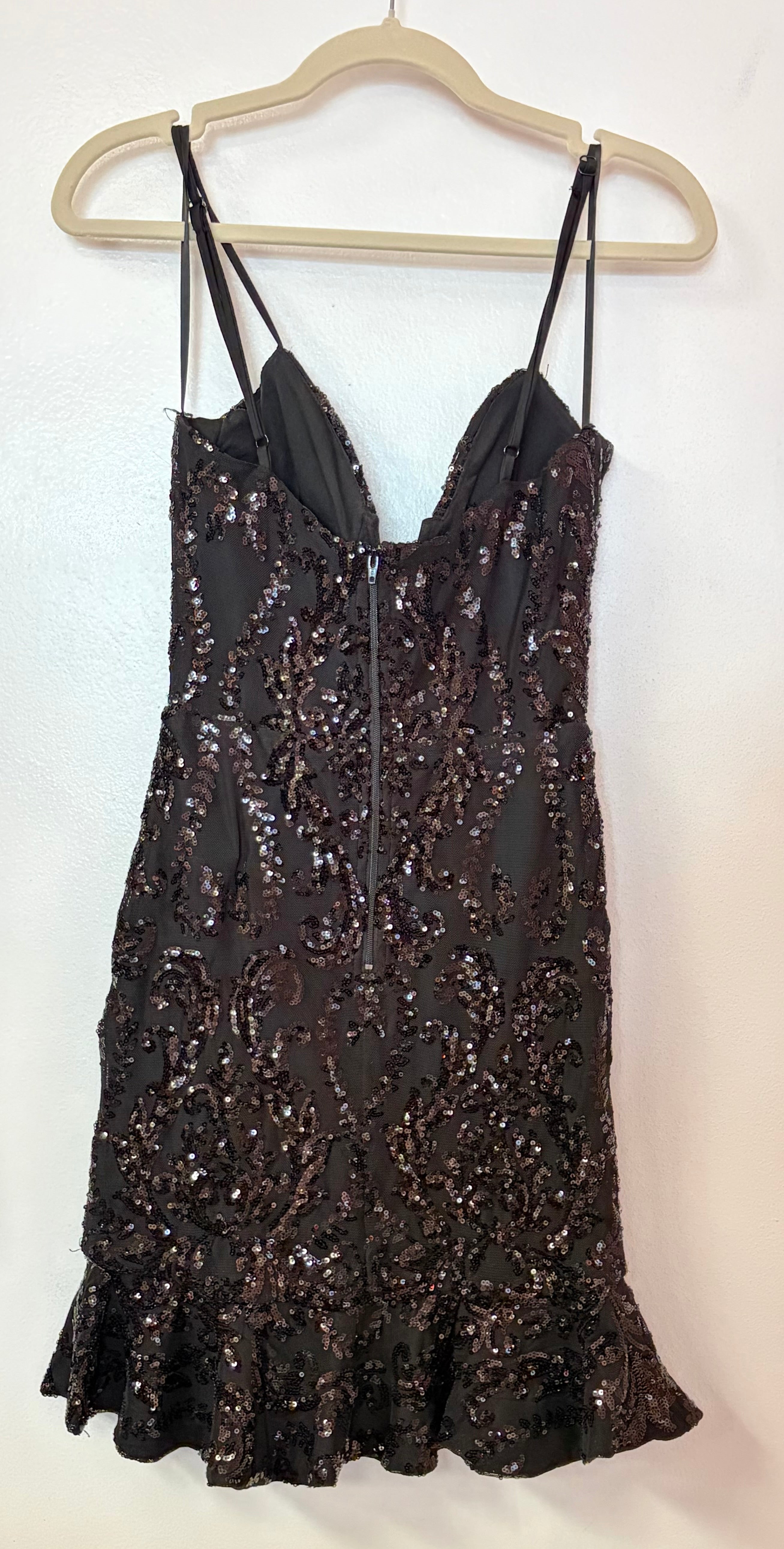 Windsor Black Sequin Ruffle Hem Cocktail Dress