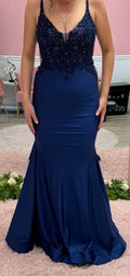 Ellie Wilde EW120007 Navy Embellished Mermaid Prom Gown with Open Back and Beaded Lace Bodice