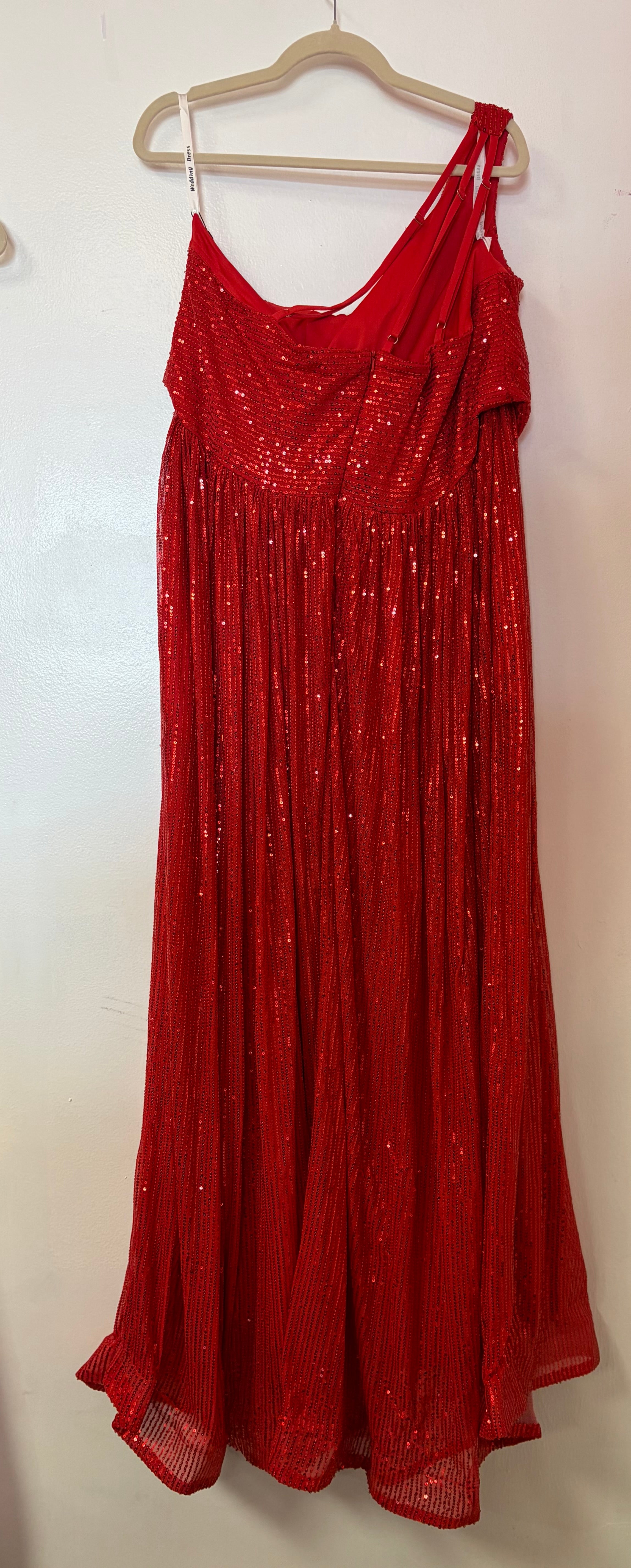 Red One-Shoulder Sequin A-Line Formal Gown with Draped Neckline and Sparkle Overlay