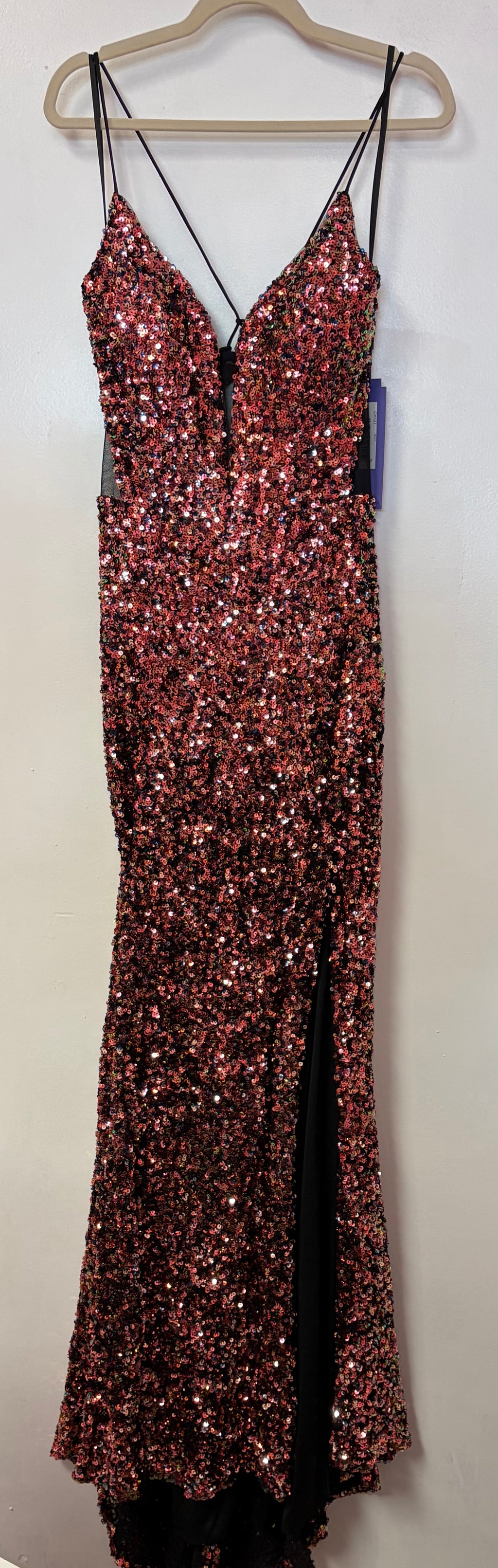 LaDivine CH127 Multi-Sequin Mermaid Formal Gown with Plunging Neckline and Leg Slit
