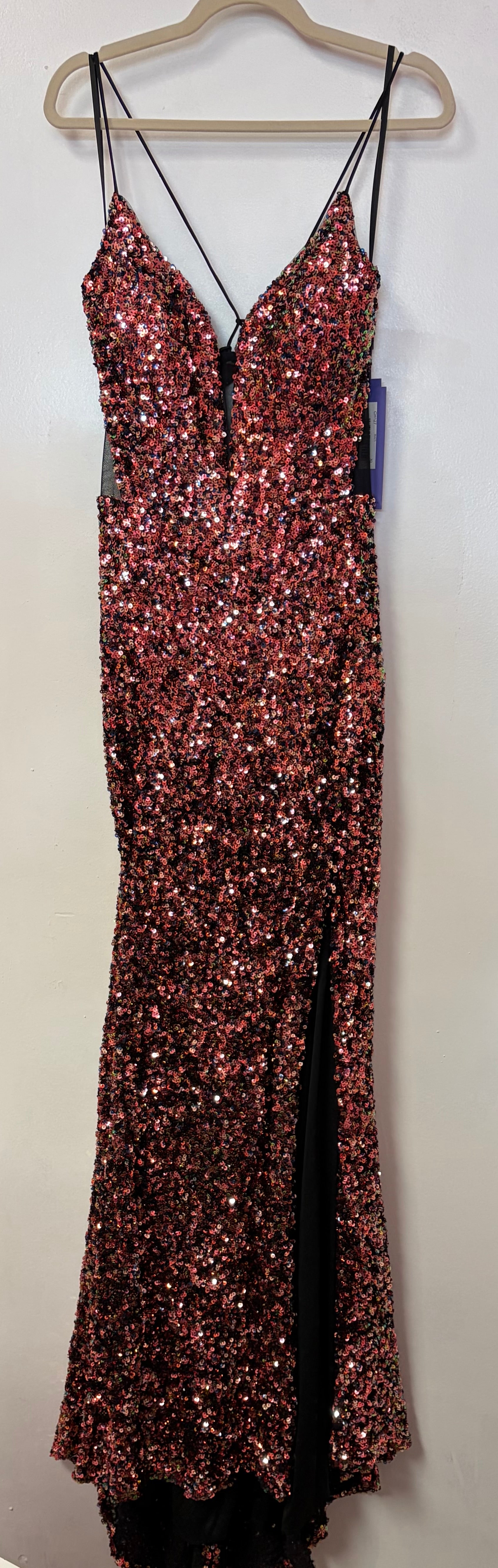 LaDivine CH127 Multi-Sequin Mermaid Formal Gown with Plunging Neckline and Leg Slit