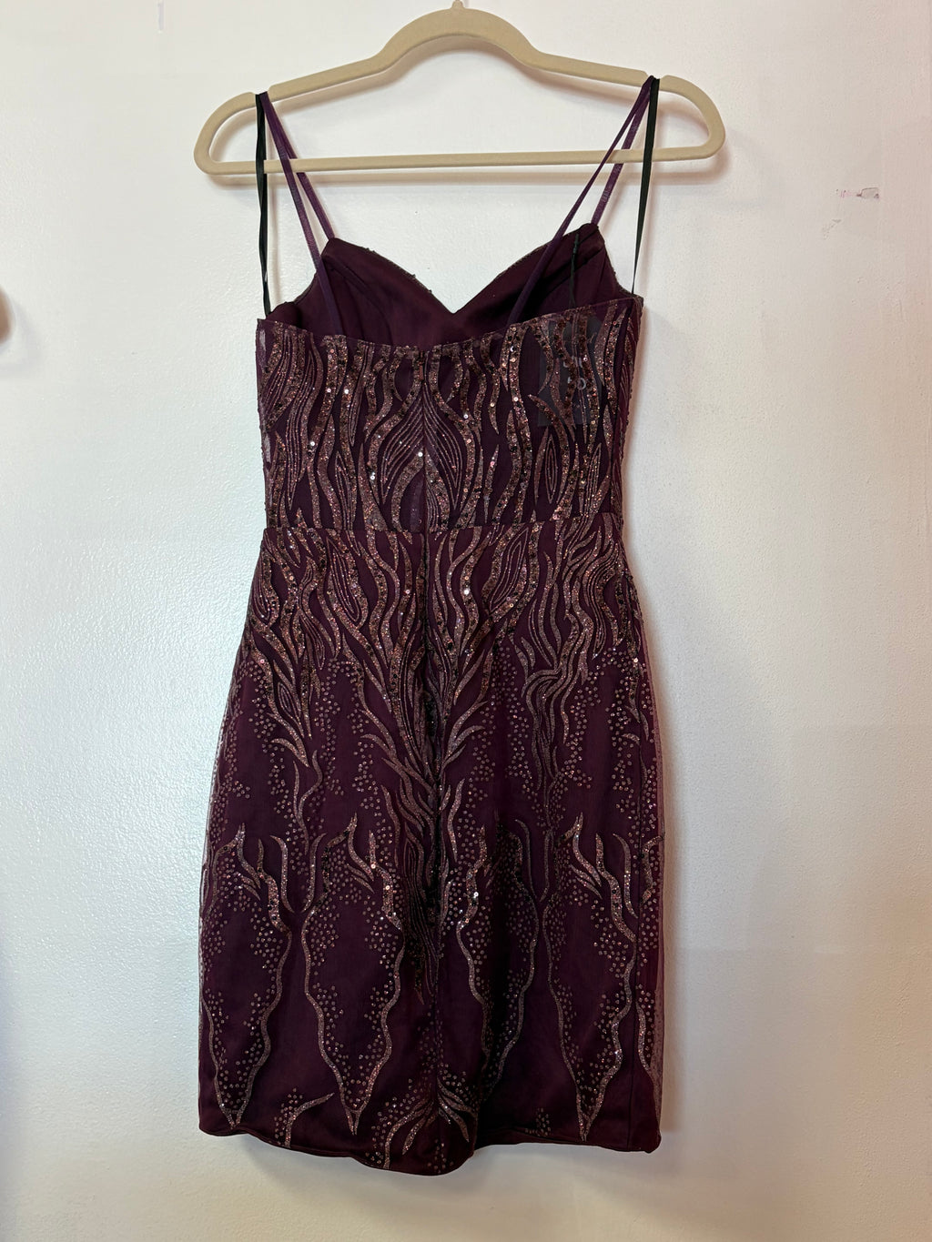 Alyce Paris Plum Glitter Homecoming Dress with Abstract Sequin Pattern and Corset Back