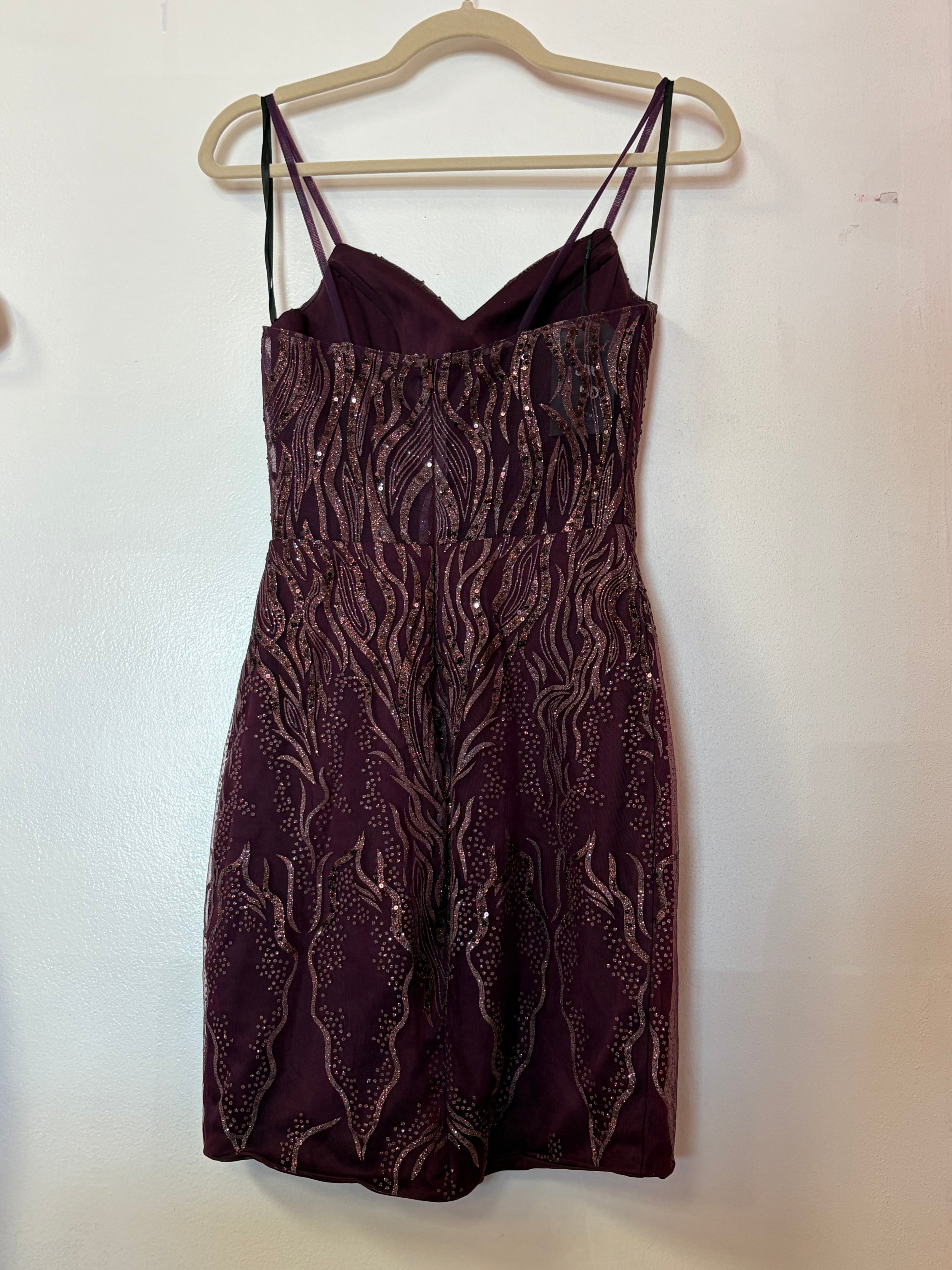 Alyce Paris Plum Glitter Homecoming Dress with Abstract Sequin Pattern and Corset Back