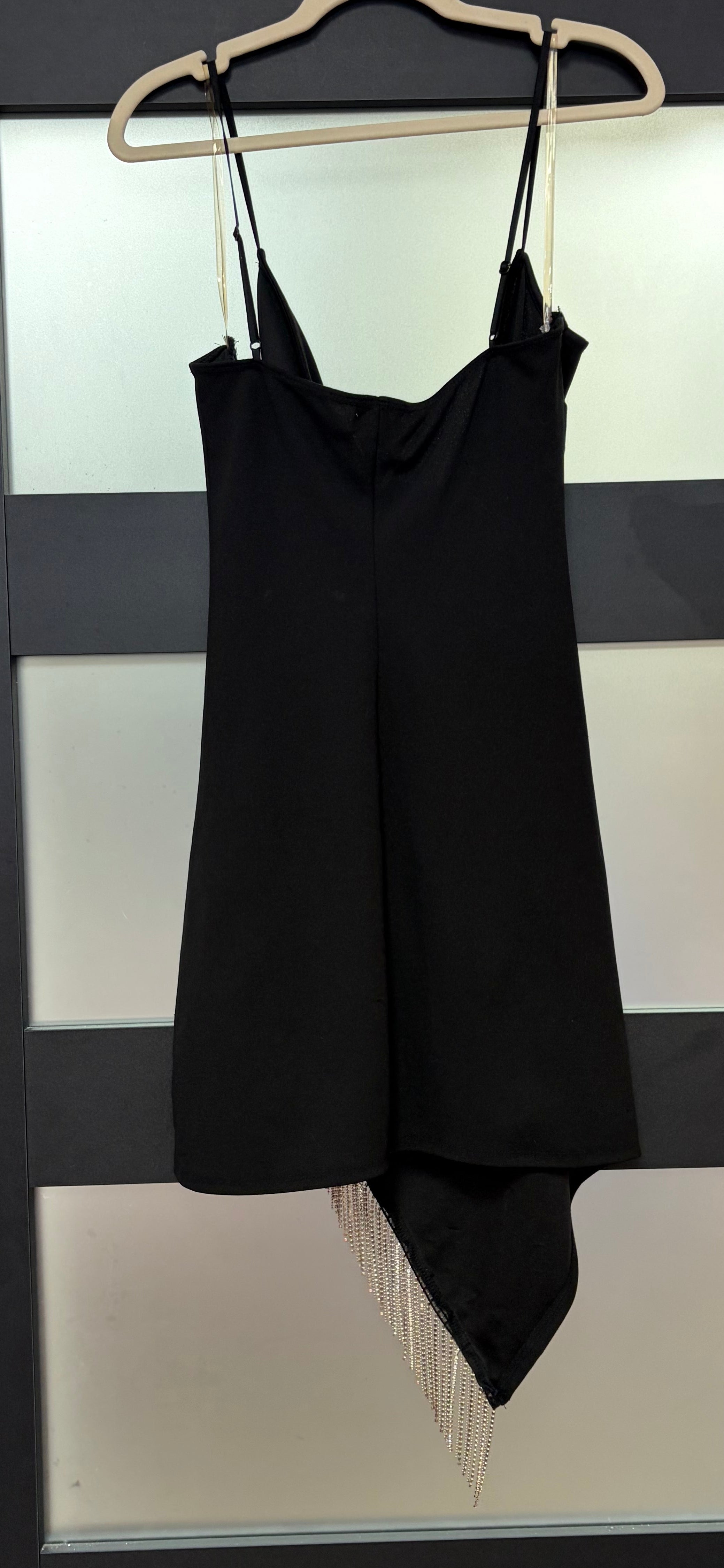 Honey and Rosie Black Asymmetrical Cocktail Dress with Rhinestone Fringe