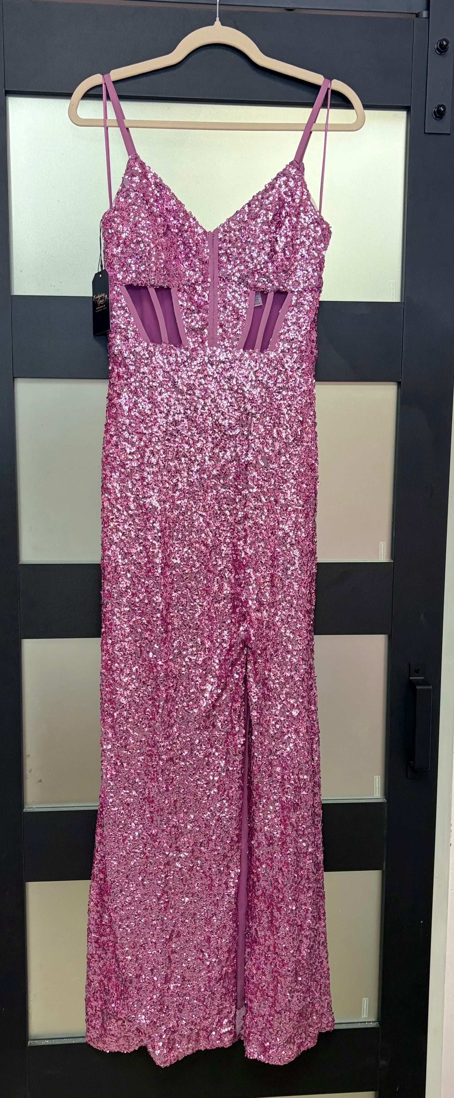 Camille La Vie Purple Sequin Mermaid Gown with Illusion Side Cutouts