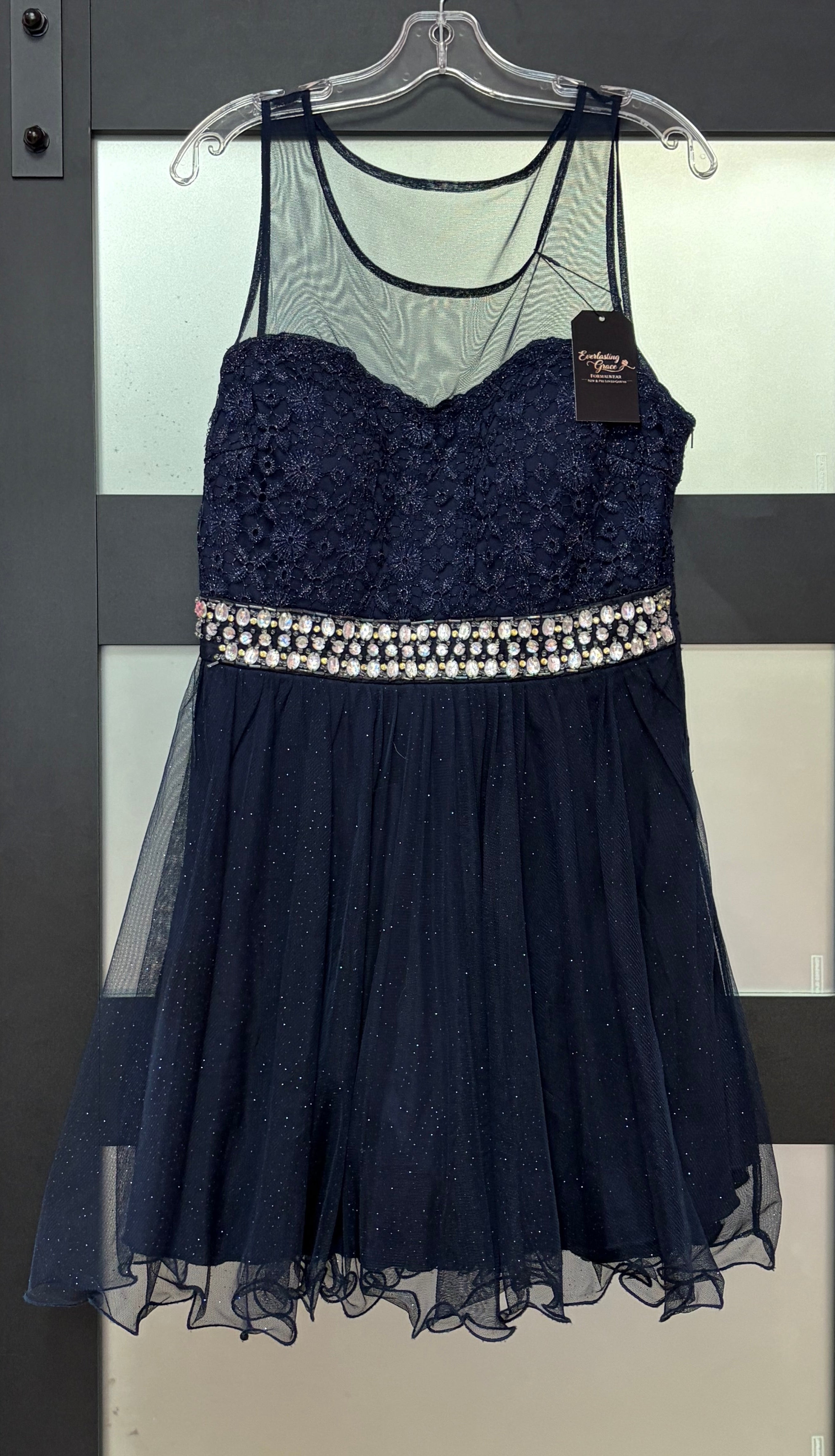 Navy Lace Bodice Glitter Tulle Fit & Flare Homecoming Dress with Illusion Neckline & Rhinestone Waist