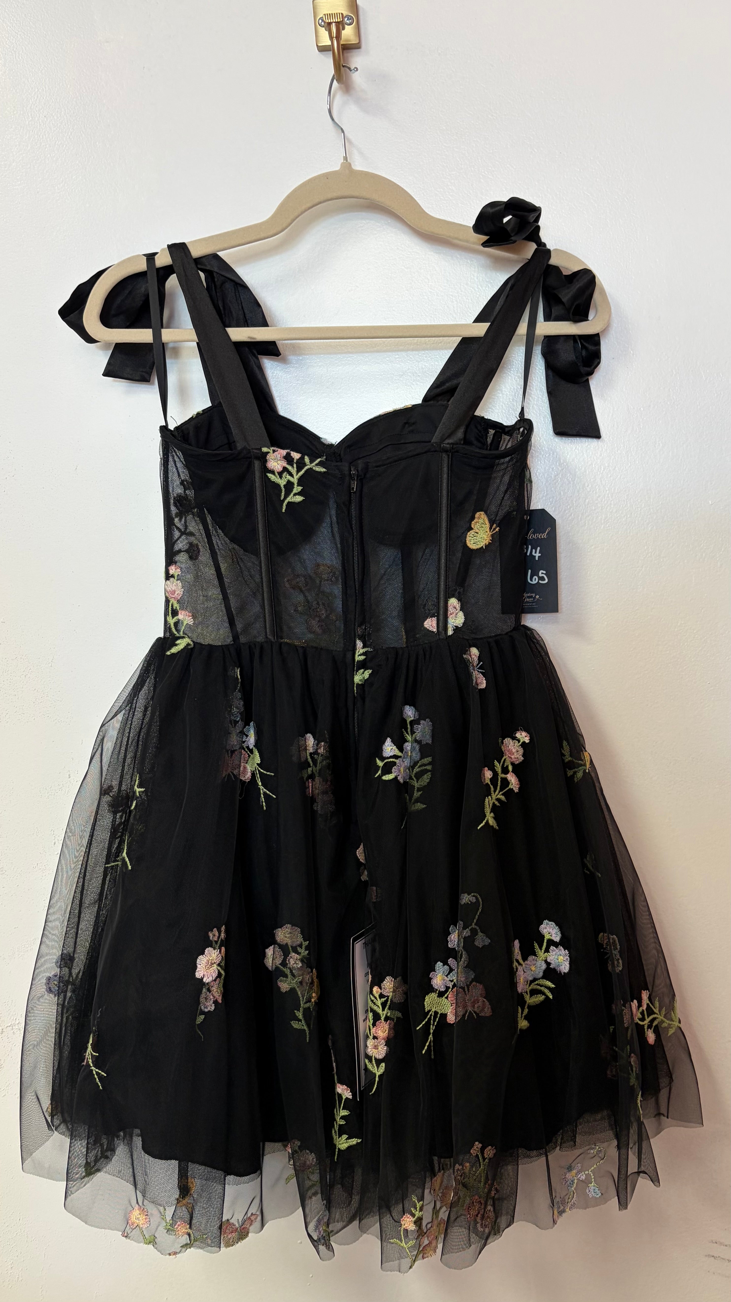 Black Floral Mesh Tie Shoulder Party Dress