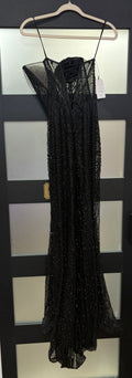 Black Beaded Illusion Corset Evening Gown with Crystal Drape Detail