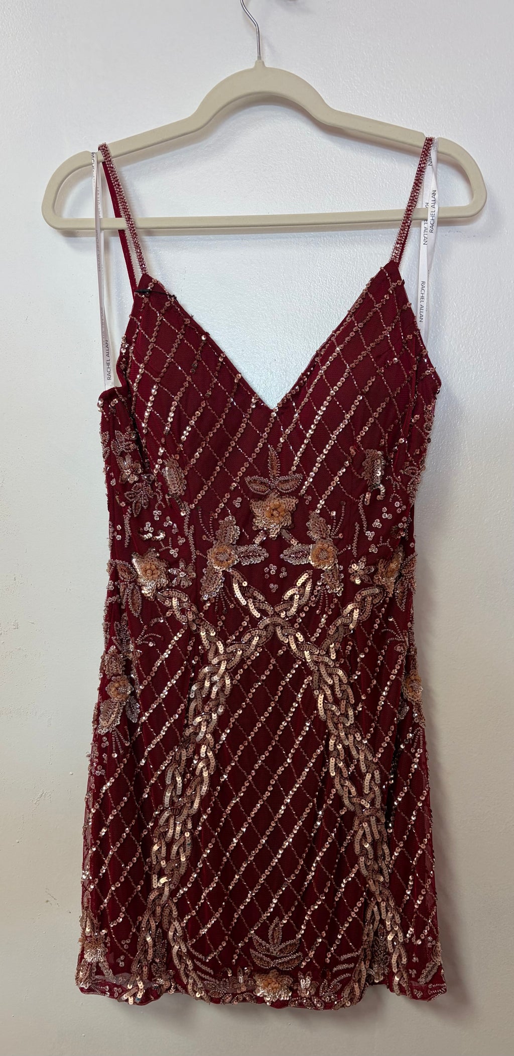 Rachel Allan 40073 Burgundy Beaded Homecoming Dress with Rose Gold Floral Embellishments
