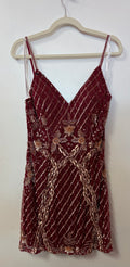 Rachel Allan 40073 Burgundy Beaded Homecoming Dress with Rose Gold Floral Embellishments
