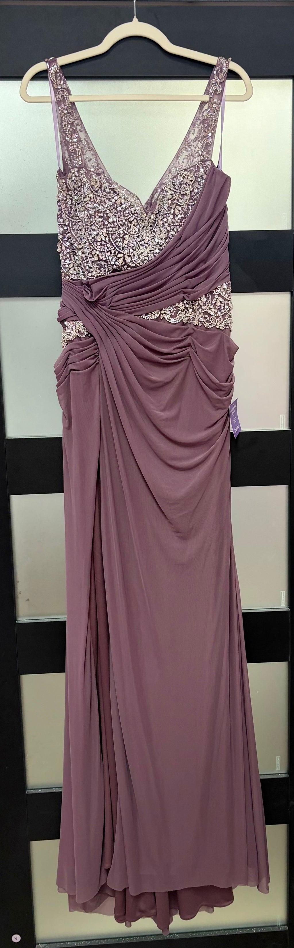 LaDivine CDS562 Dusty Mauve Embellished Draped Formal Gown