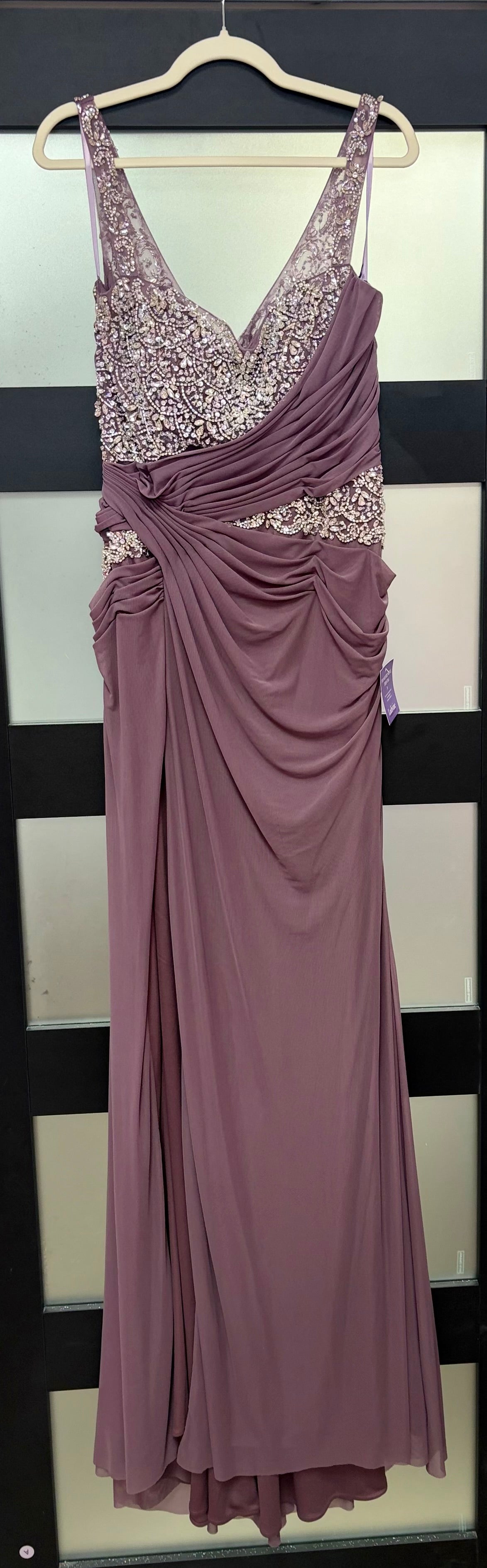 LaDivine CDS562 Dusty Mauve Embellished Draped Formal Gown
