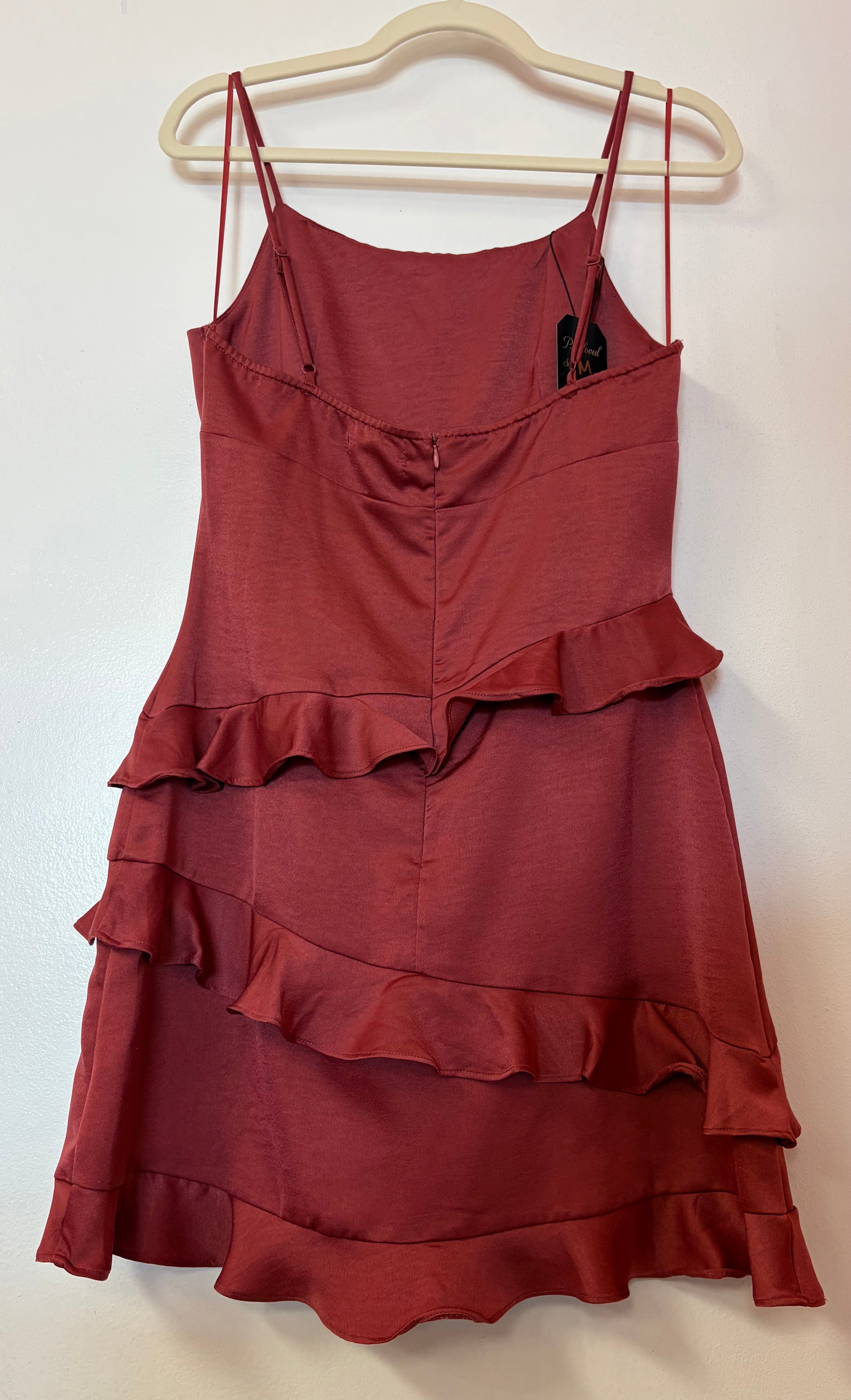 Altar’d State Cinnamon Rose Satin Ruffle Mini Dress with Tiered Skirt and Spaghetti Straps