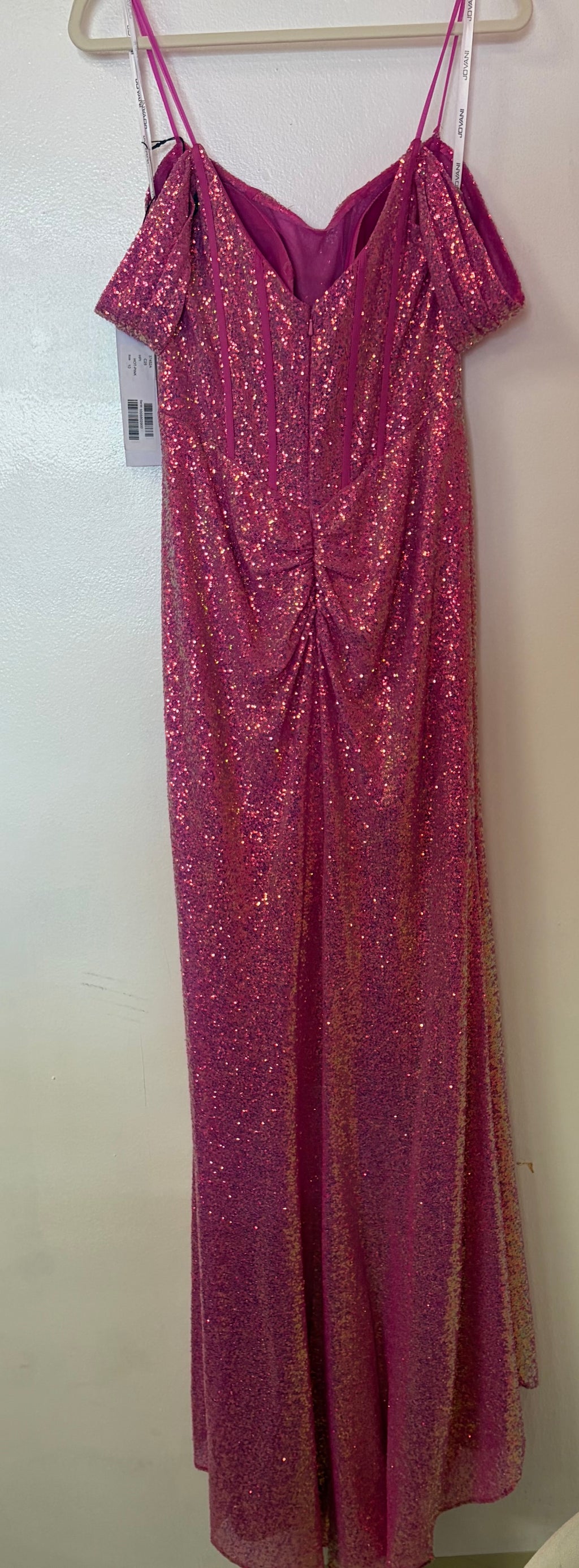Jovani 37452 Hot Pink Sequin Off-the-Shoulder Prom Dress with High Slit