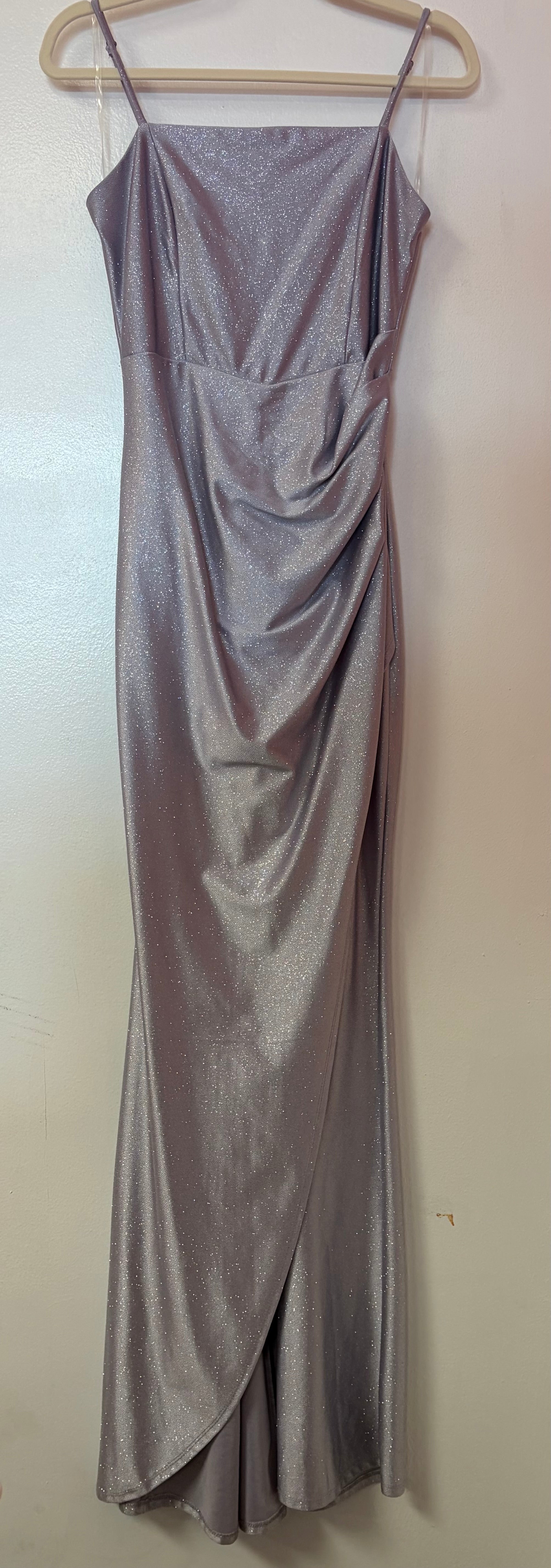 Honey & Rosie Lavender Shimmer Cowl Neck Mermaid Gown with Draped Skirt and Tulip Hem