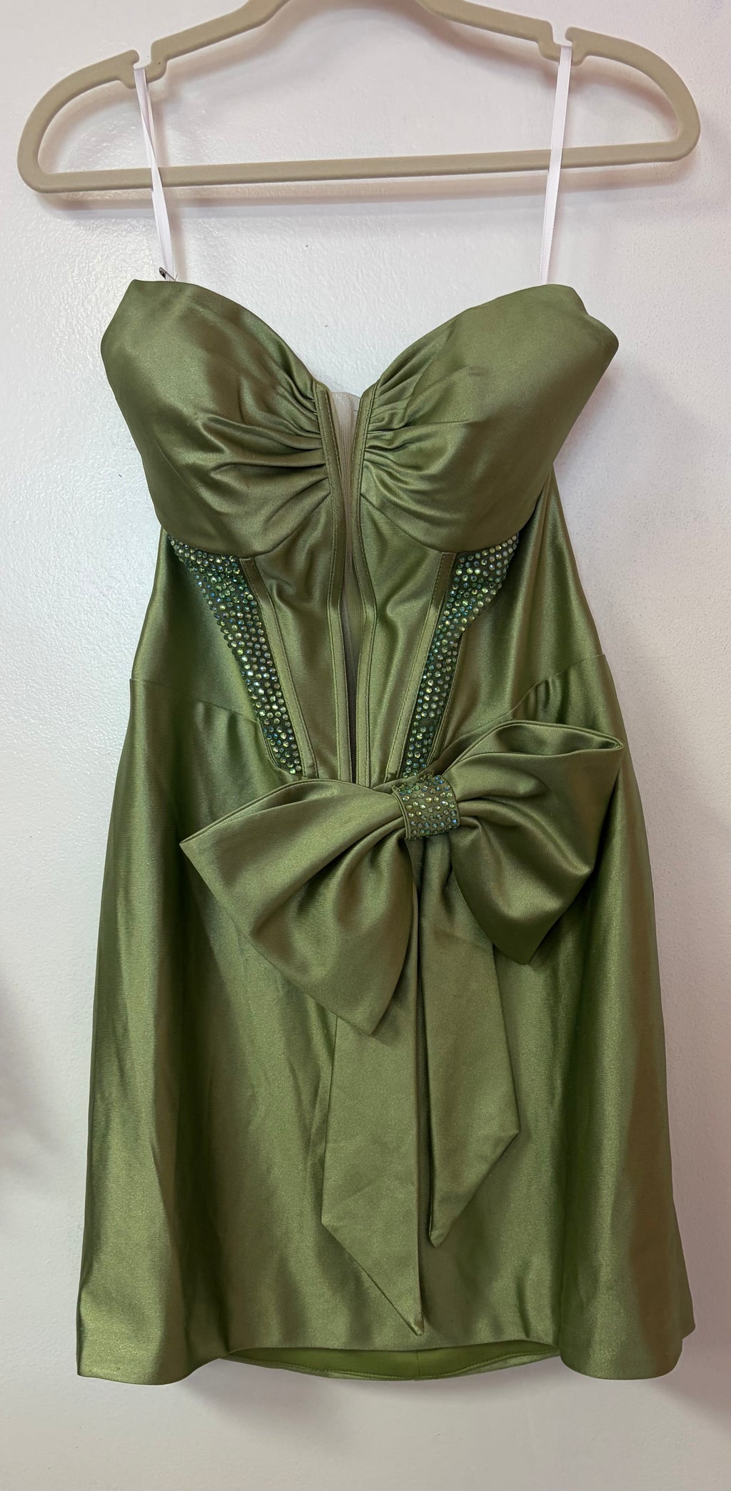 Juliet JT964A Olive Satin Bow Cocktail Dress