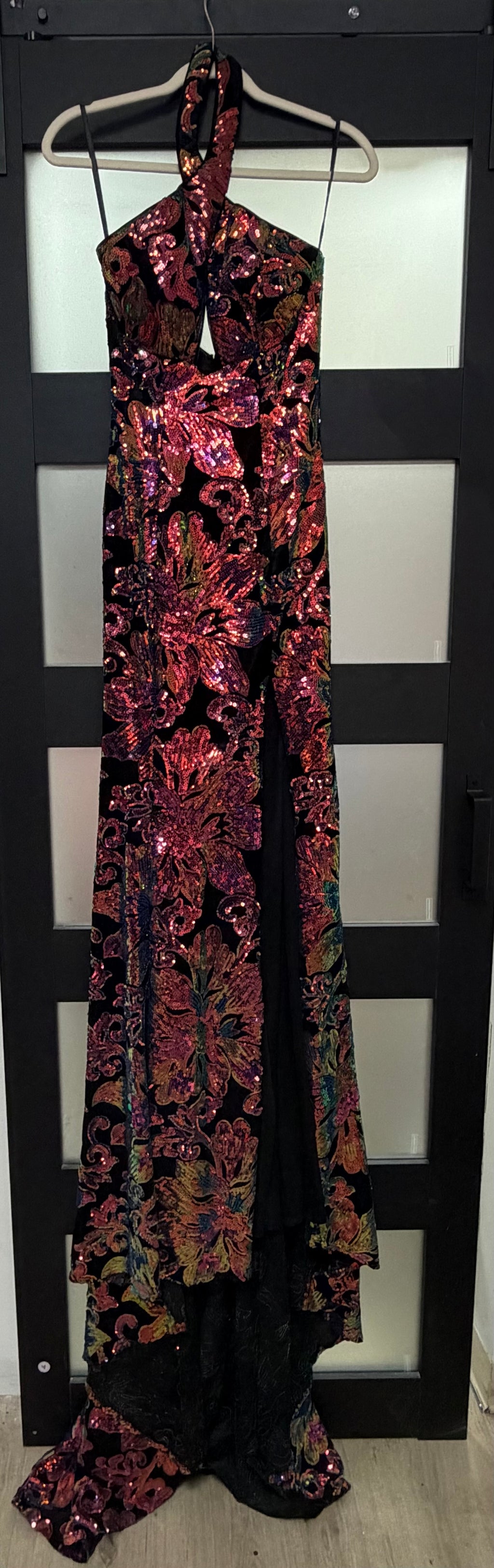 Johnathan Kayne 2680 Black Multi-Color Sequin Halter Formal Gown