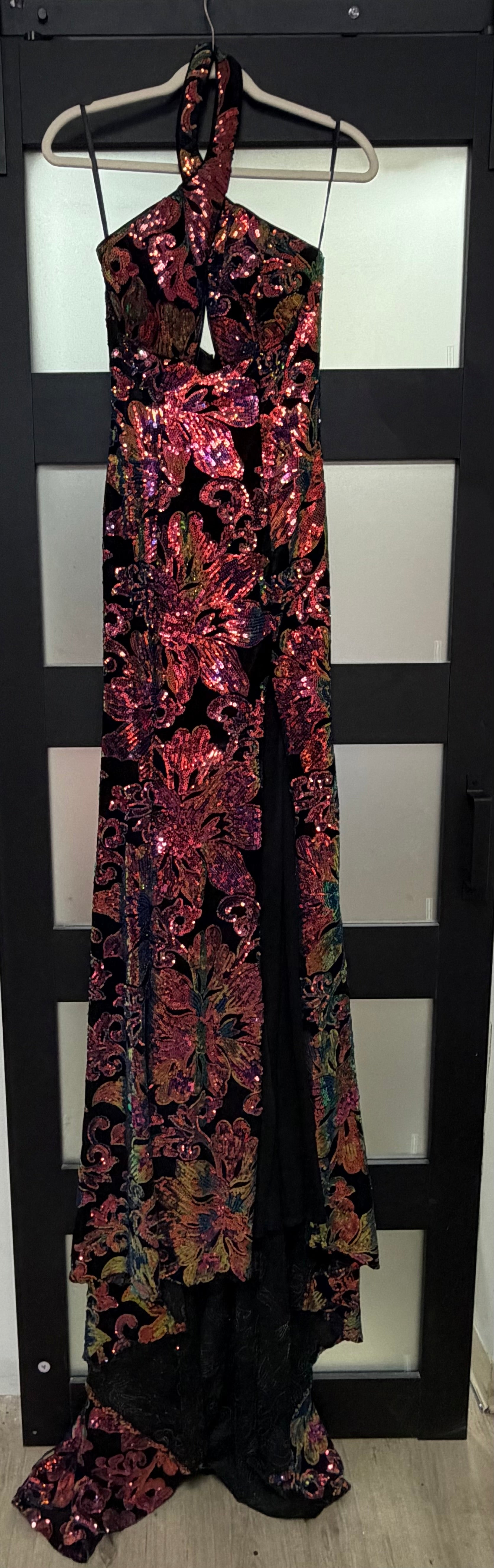 Johnathan Kayne 2680 Black Multi-Color Sequin Halter Formal Gown