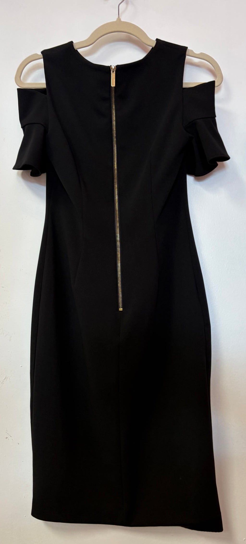 Calvin Klein Black Cold Shoulder Sheath Dress with Ruffle Sleeves