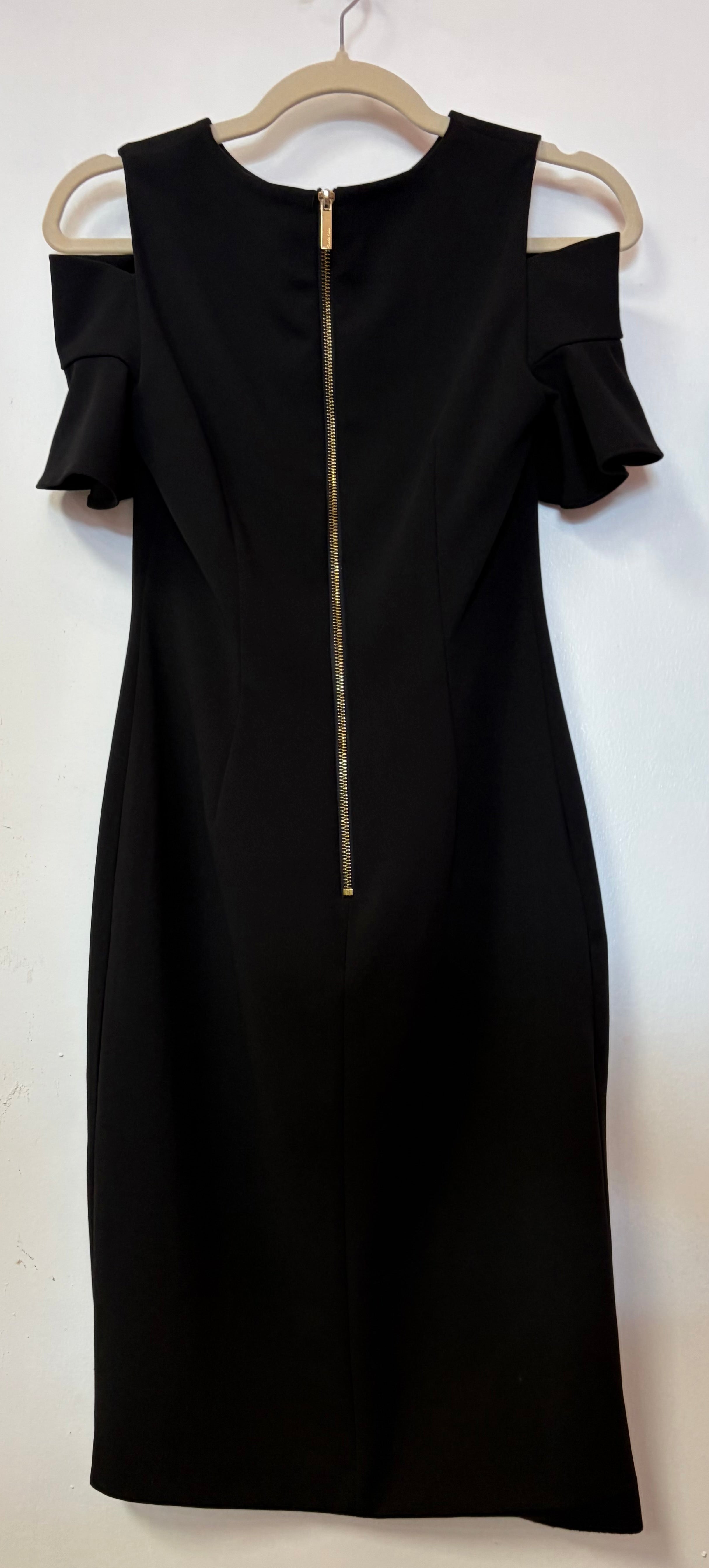 Calvin Klein Black Cold Shoulder Sheath Dress with Ruffle Sleeves