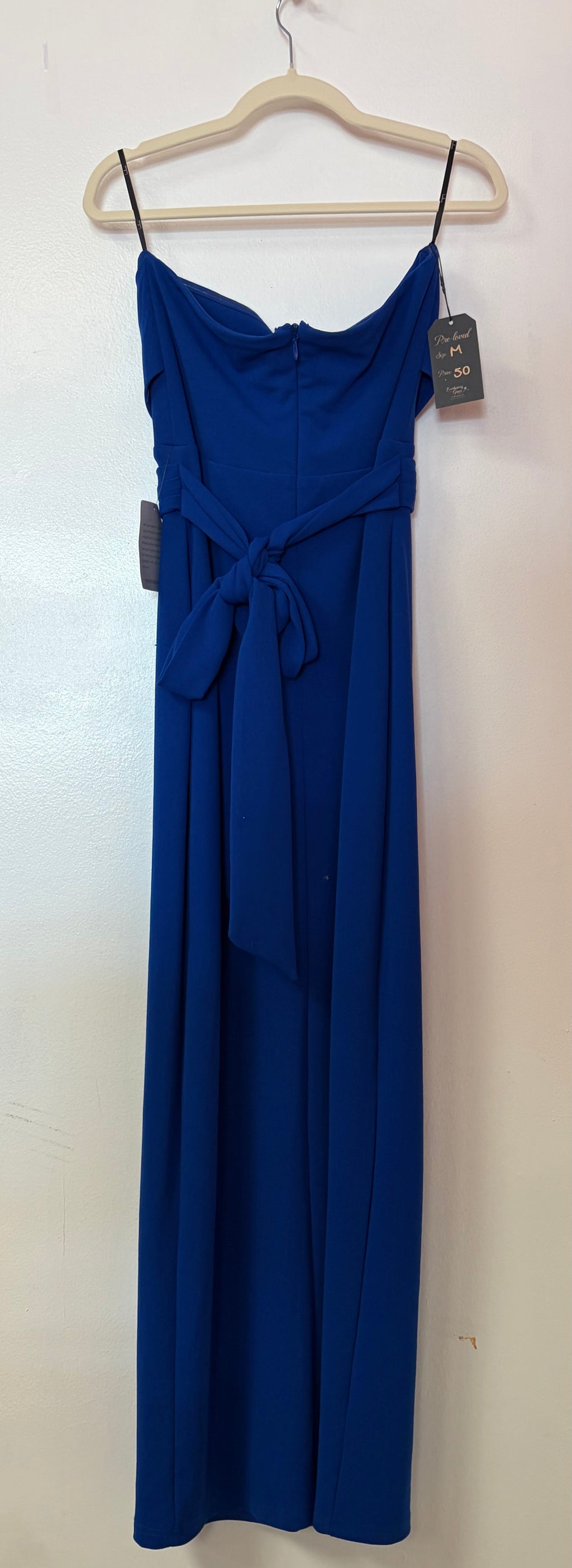Lulus Royal Blue Strapless Column Dress with Draped Bodice, Waist Tie and Front Slit