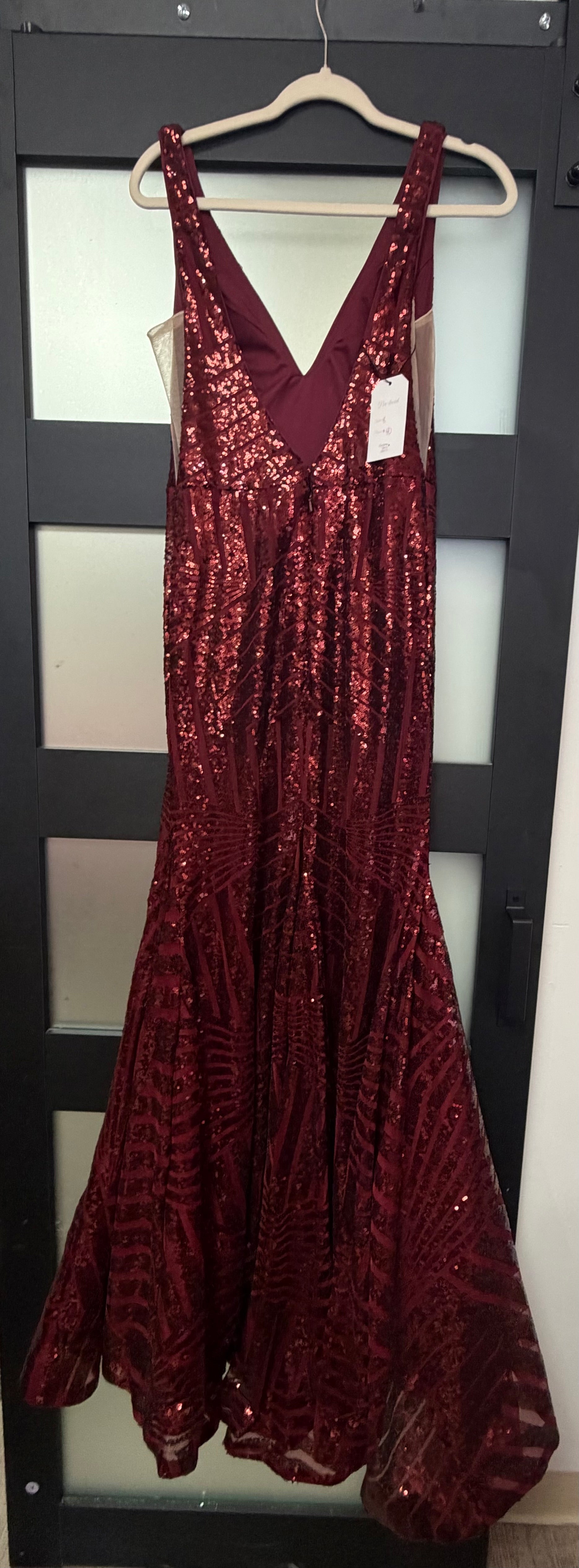 Burgundy Geometric Sequin Mermaid Formal Gown with Open Back