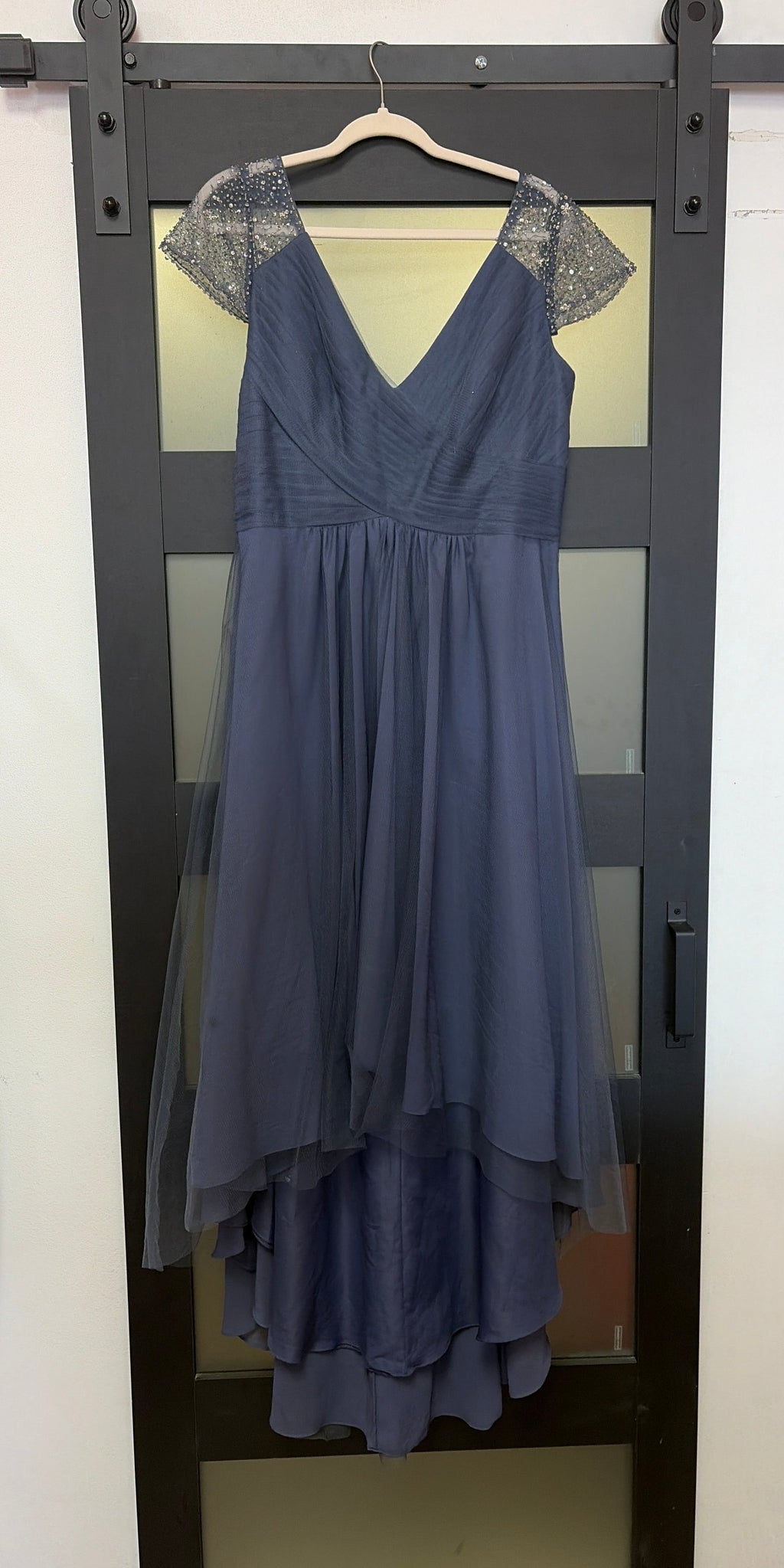 JJ's house slate gray gown with shoulder sequin detail
