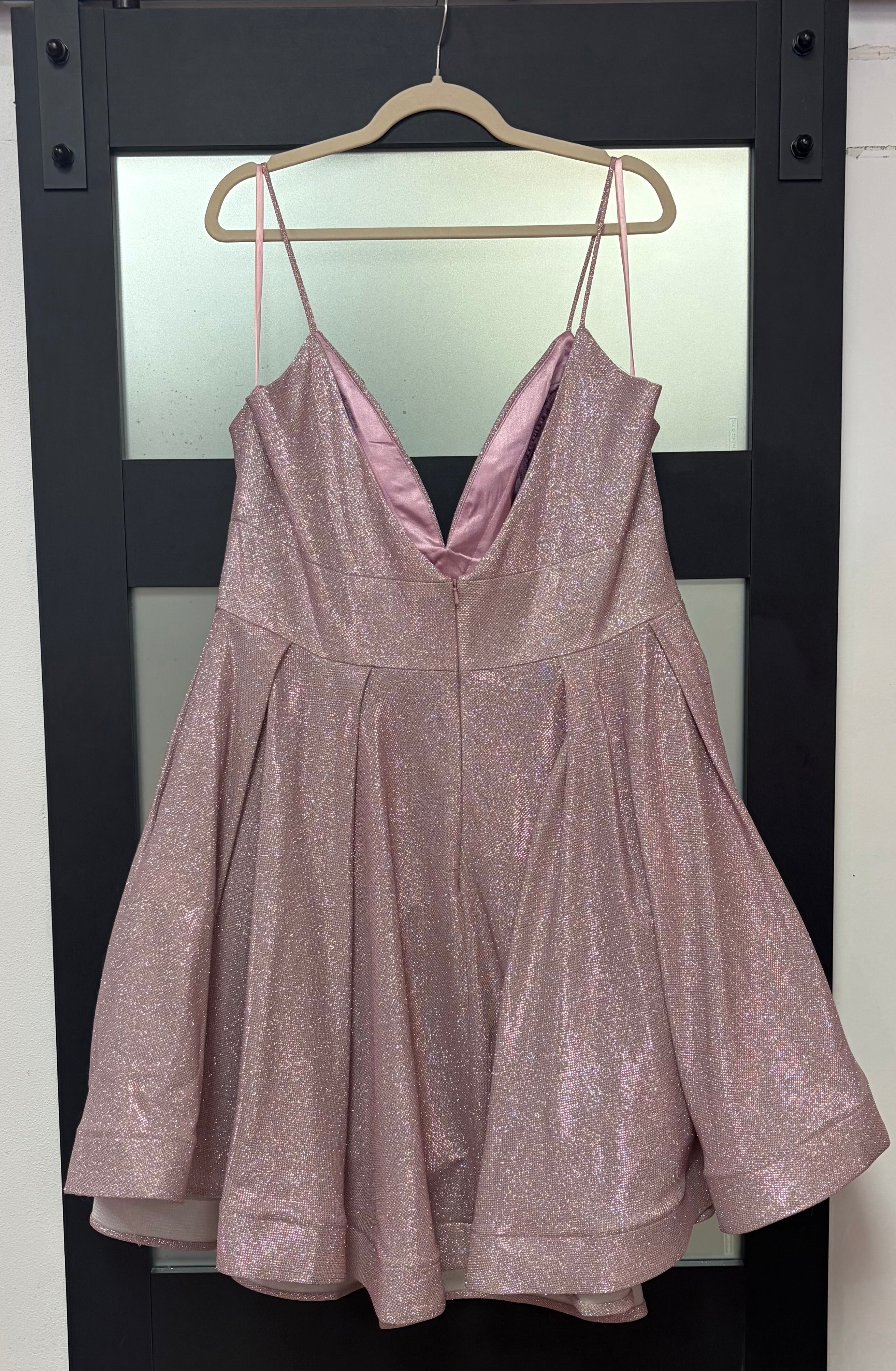 Blush Pink Metallic Off-the-Shoulder Fit & Flare Homecoming Dress
