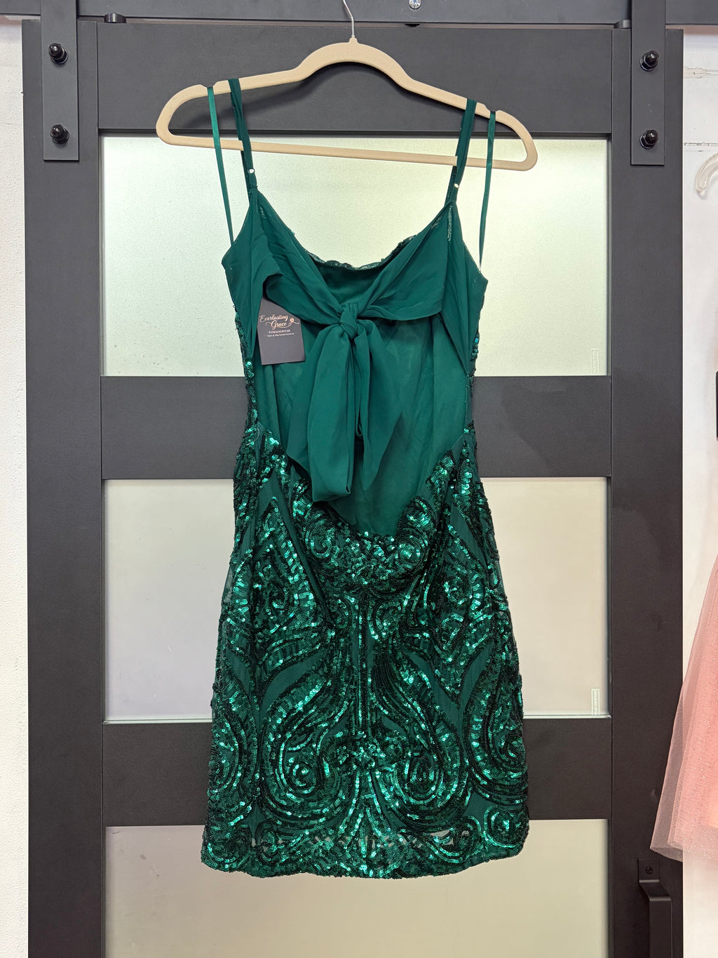 B Darlin Emerald Green Sequin Homecoming Dress with Open Back Bow Detail
