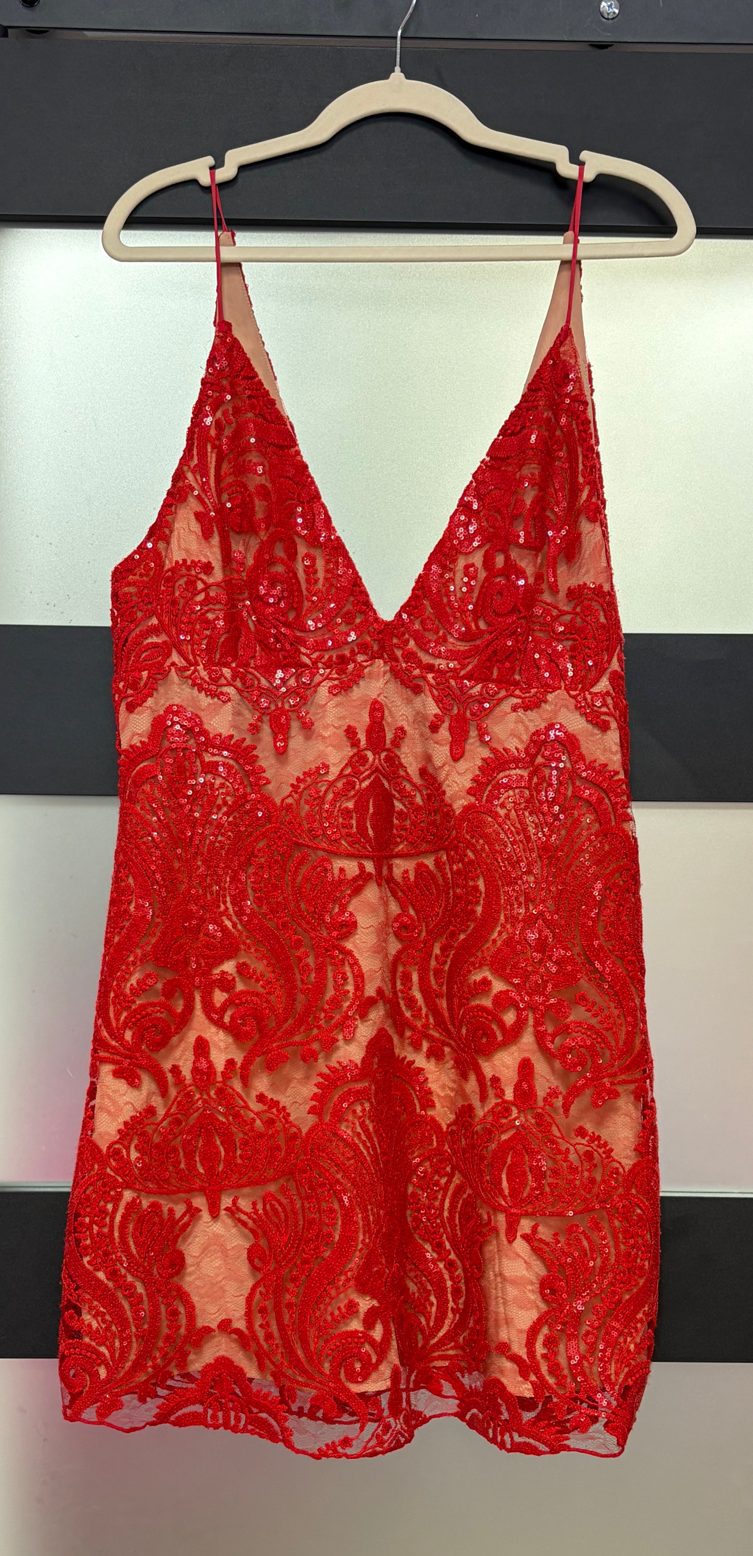 Free People Red Embroidered Lace Sheer Mini Dress