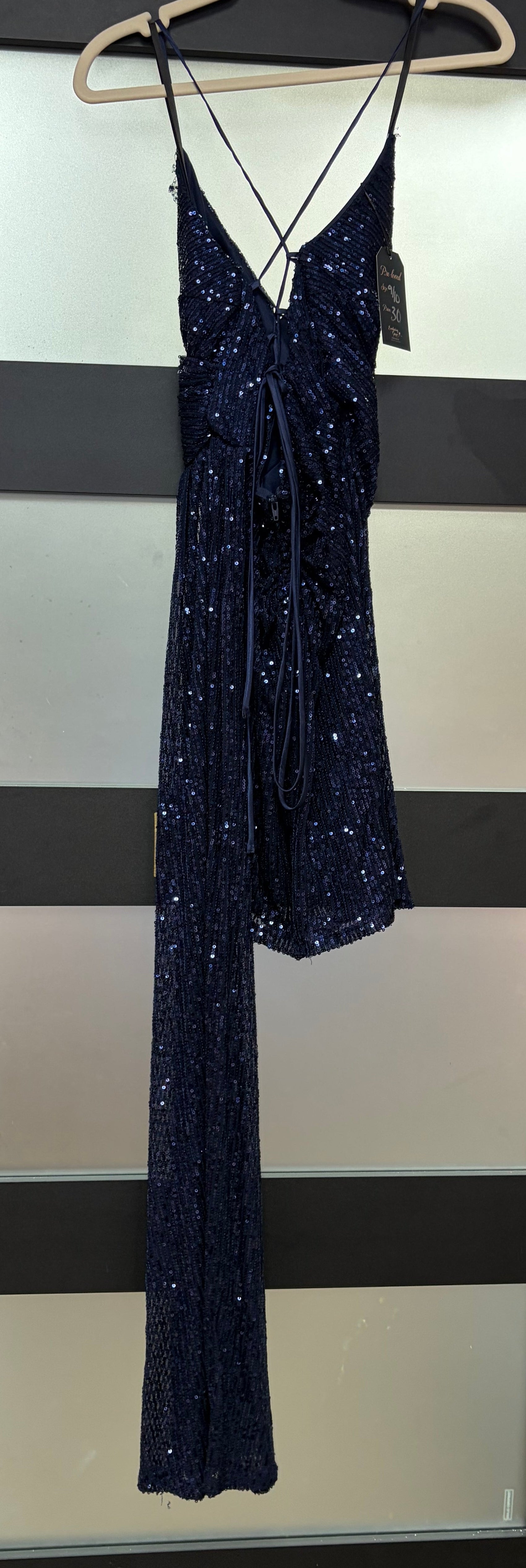 B. Darlin Navy Sequin Wrap Homecoming Dress with Side Drape